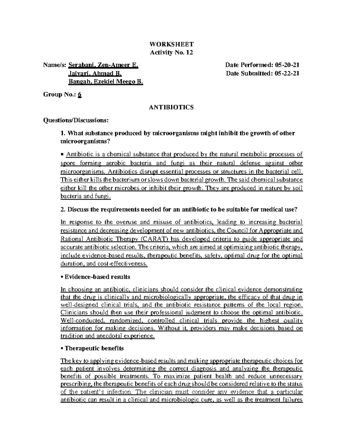 Micro Lab Activity 12 Antibiotics WORKSHEET Activity No. 12 Name/s
