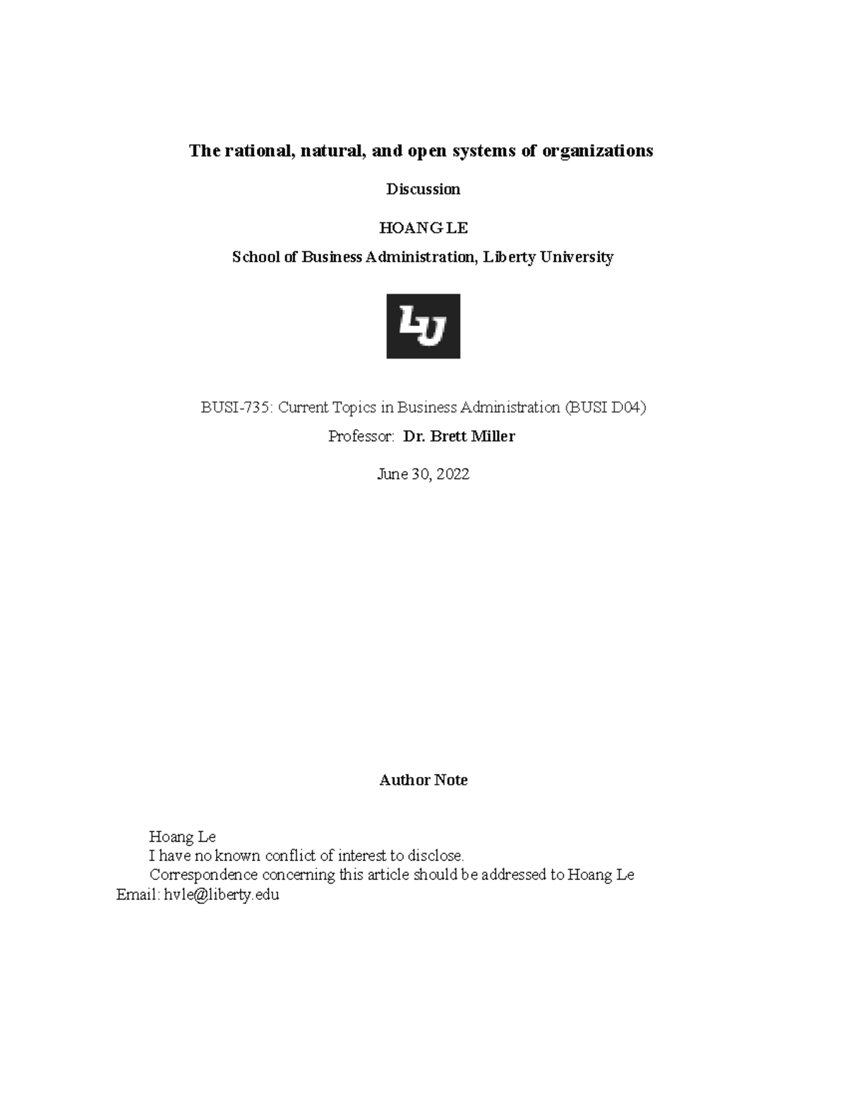 Discussion assignment The rational, natural, and open systems of