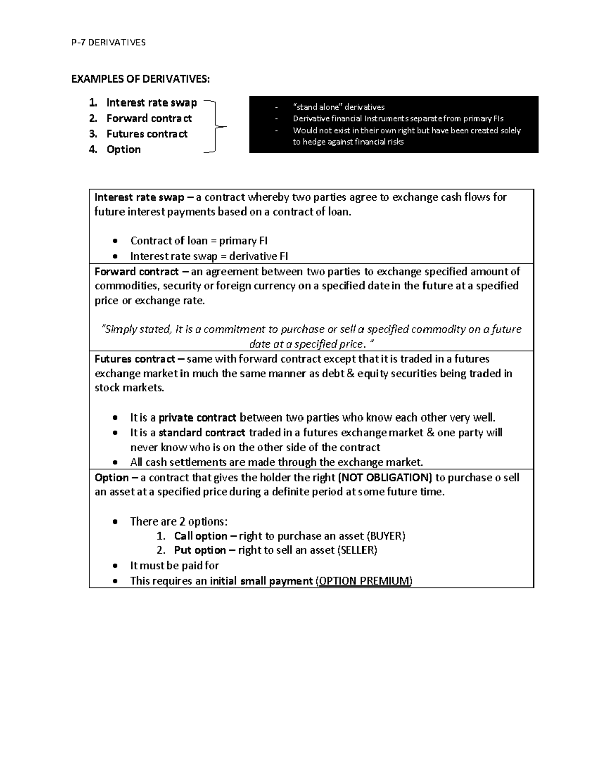 P7 Derivatives Summary (IA1 Valix) P7 DERIVATIVES EXAMPLES OF
