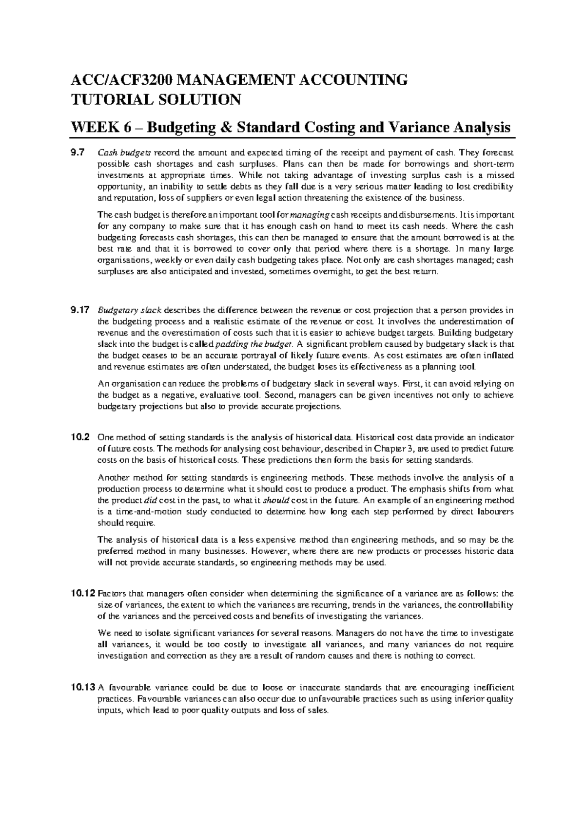 WEEK 6 - this is the solutions - ACC/ACF3200 MANAGEMENT ACCOUNTING ...