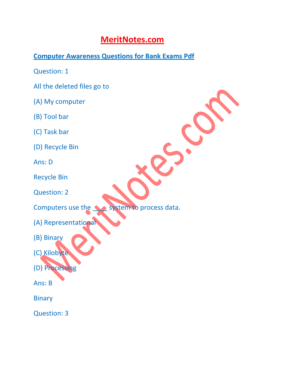 Computer Awareness Questions Bank Exams - MeritNotes Computer Awareness ...