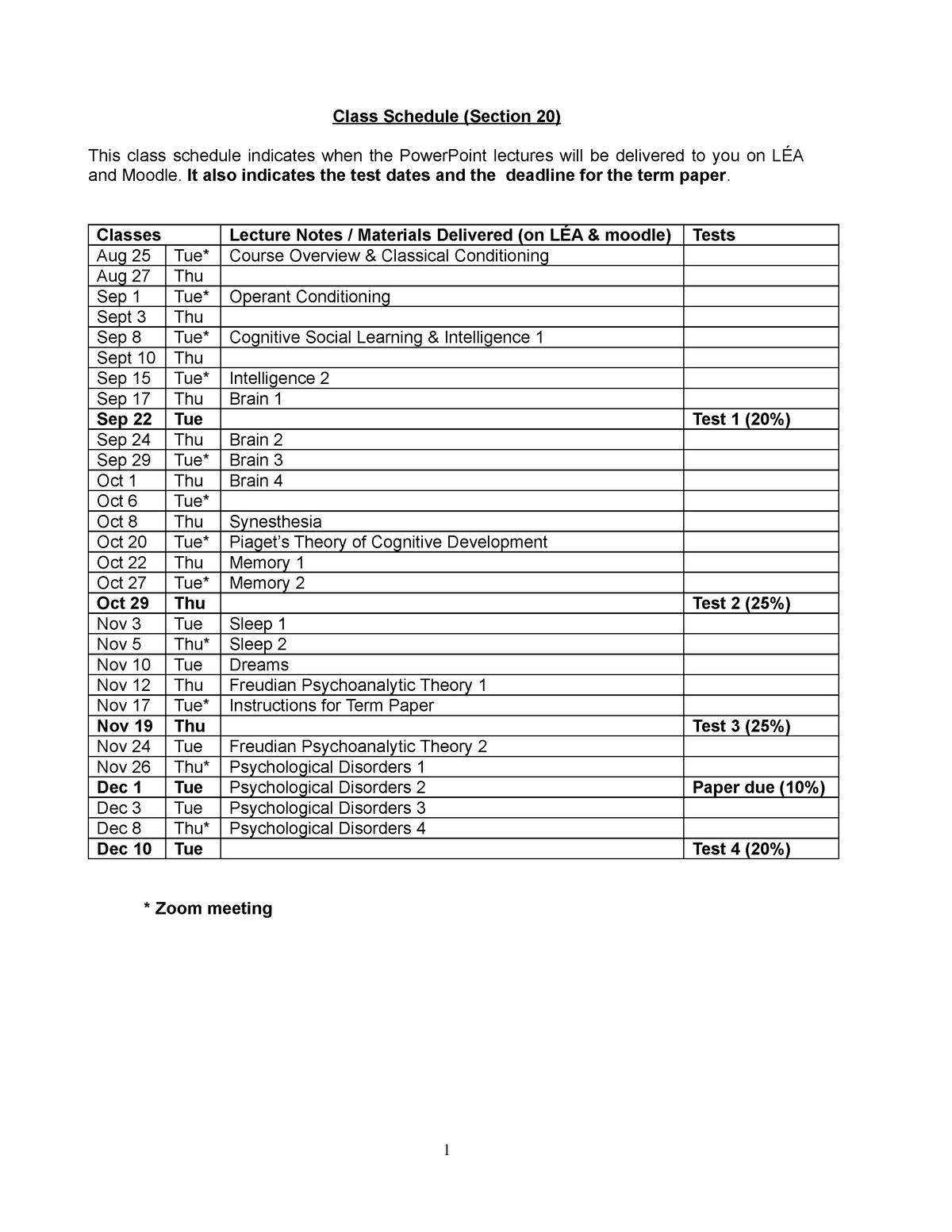 001 Intro Psych Fall 2020 Course Schedule Section 20 Class Schedule