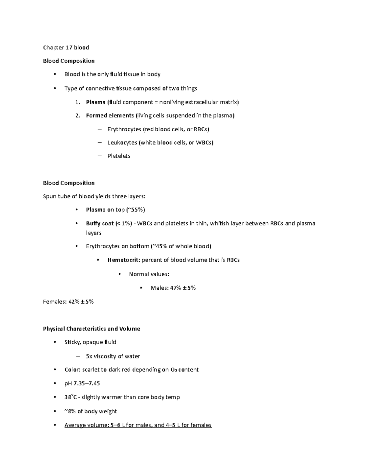 Chapter 17 blood - Lecture notes ch 17 - Chapter 17 blood Blood ...