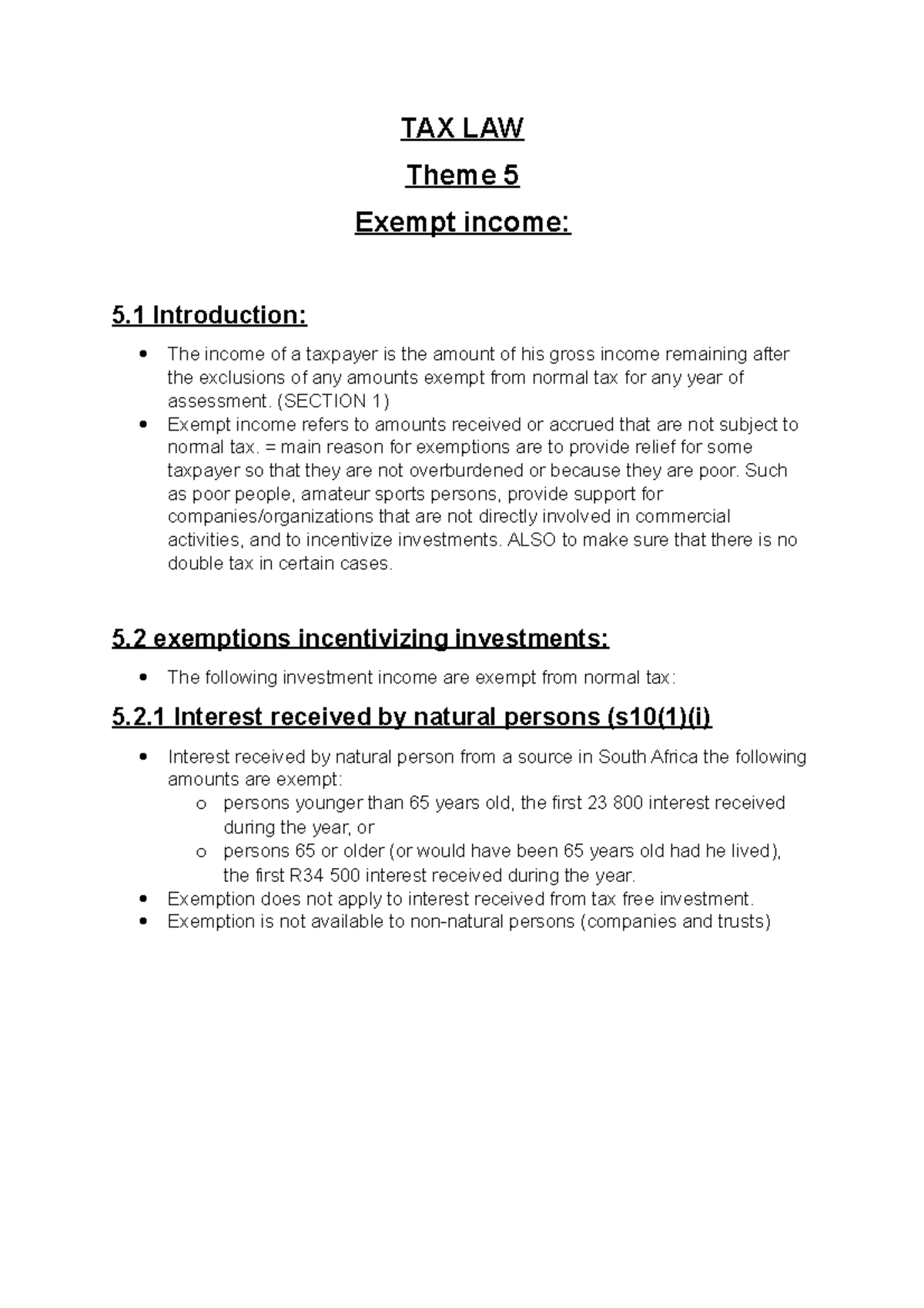 Theme 5 notes Exemptions TAX LAW Theme 5 Exempt 5