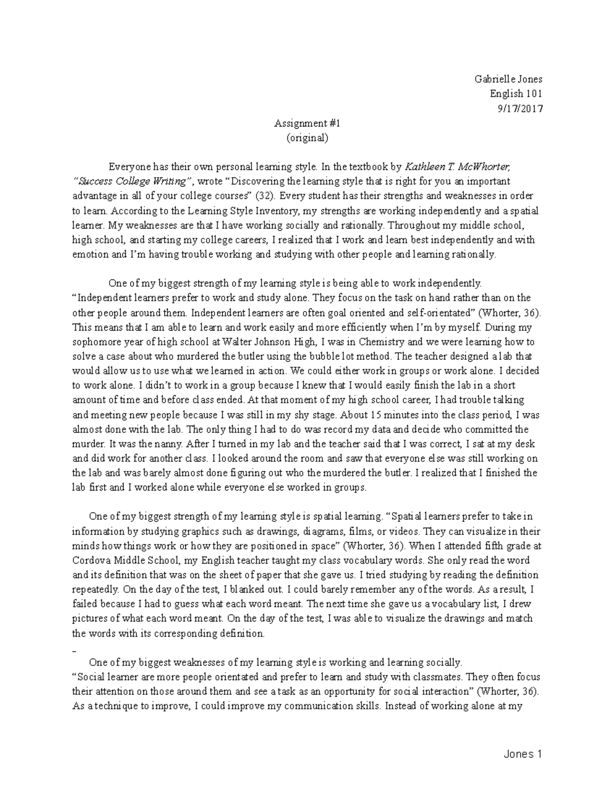 Success College Writing - Gabrielle Jones English 101 9/17/ Assignment ...