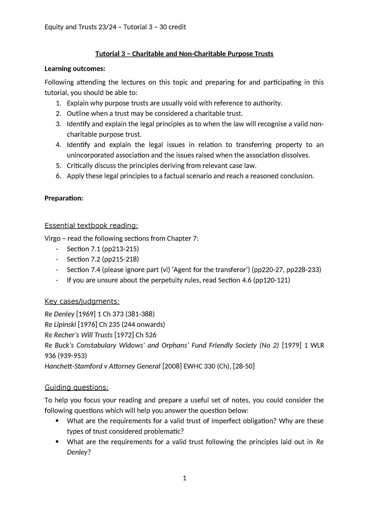 Tutorial 3 -question - Equity and Trusts 23/24 – Tutorial 3 – 30 credit ...
