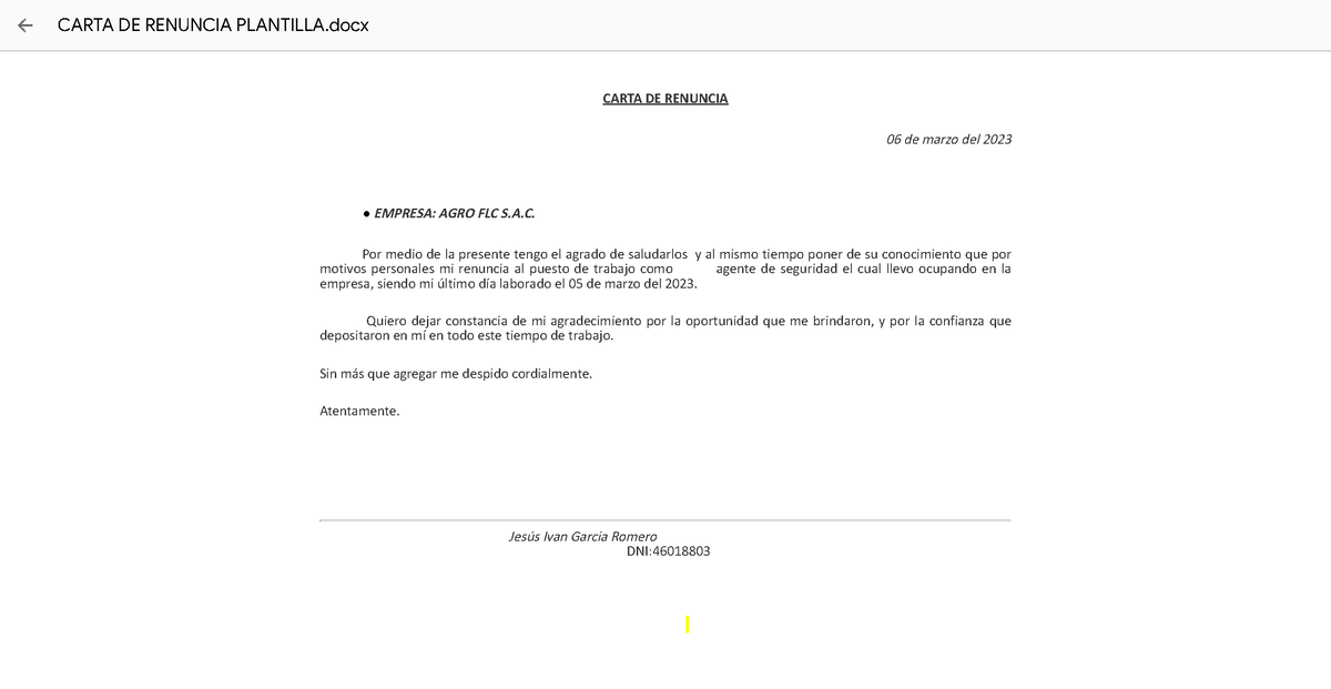 Carta De Renuncia Plantilla Carta De Renuncia 06 De Marzo Del 2023 Empresa Agro Flc Sa Por 5438