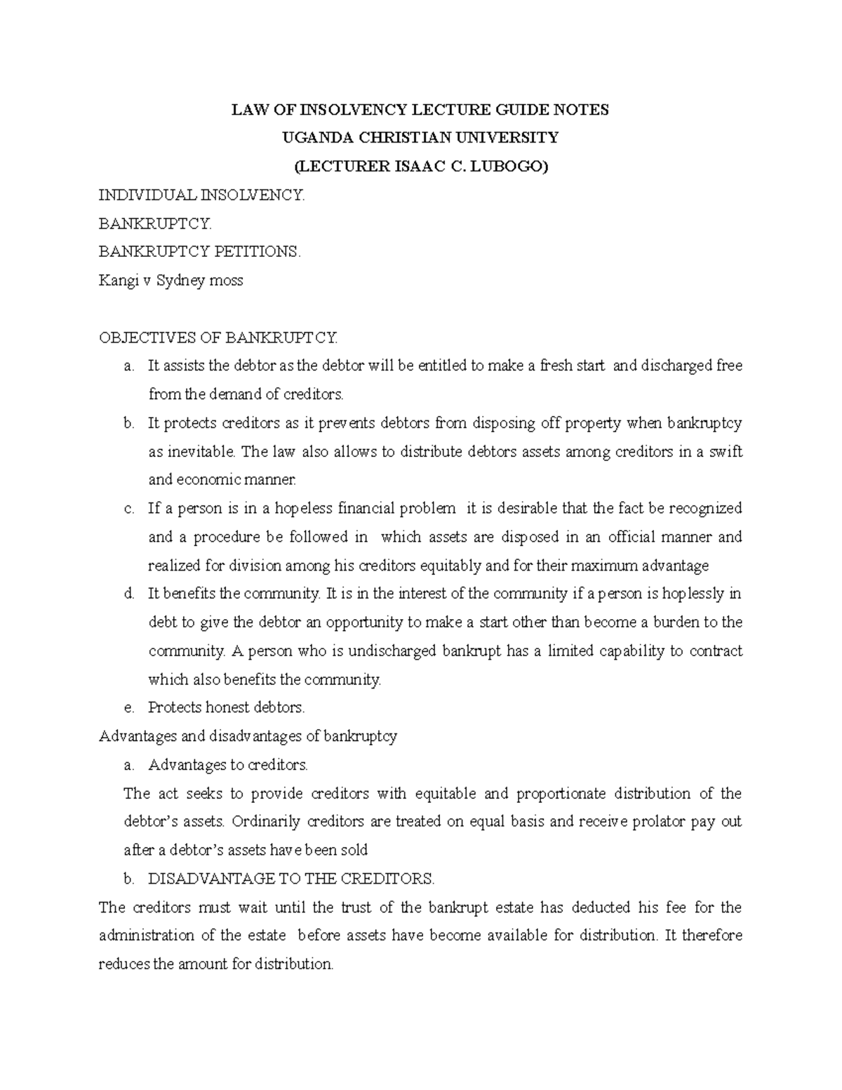 Insolvency by Lubogo UCU Final Notes LAW OF INSOLVENCY LECTURE GUIDE