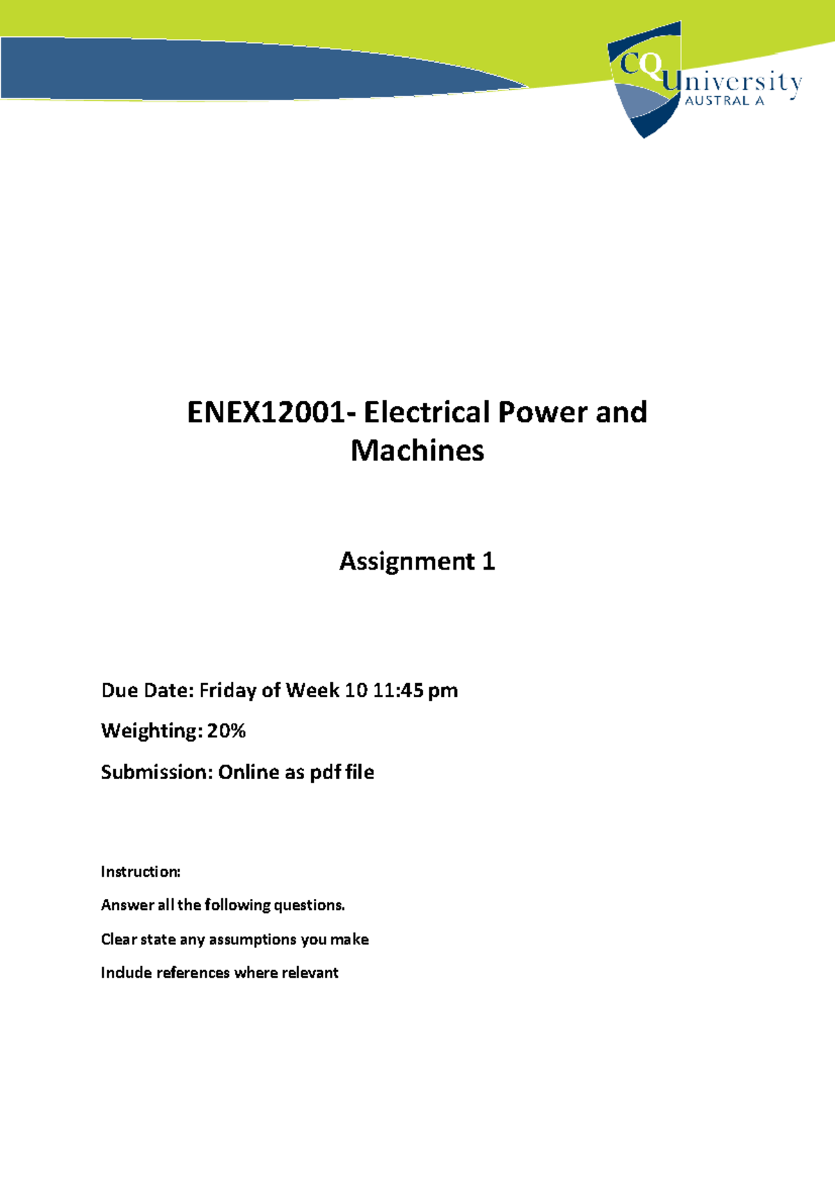 ENEX12001 Assignment 1 Ver1 - Electrical Power And Machines Assignment ...