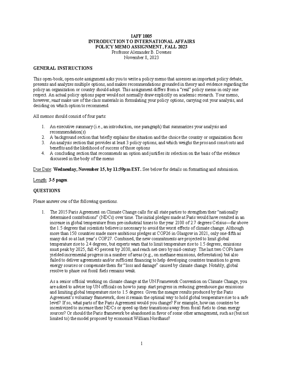 1005-Policy Memo-Fall 2023 - 1 IAFF 1005 INTRODUCTION TO INTERNATIONAL ...