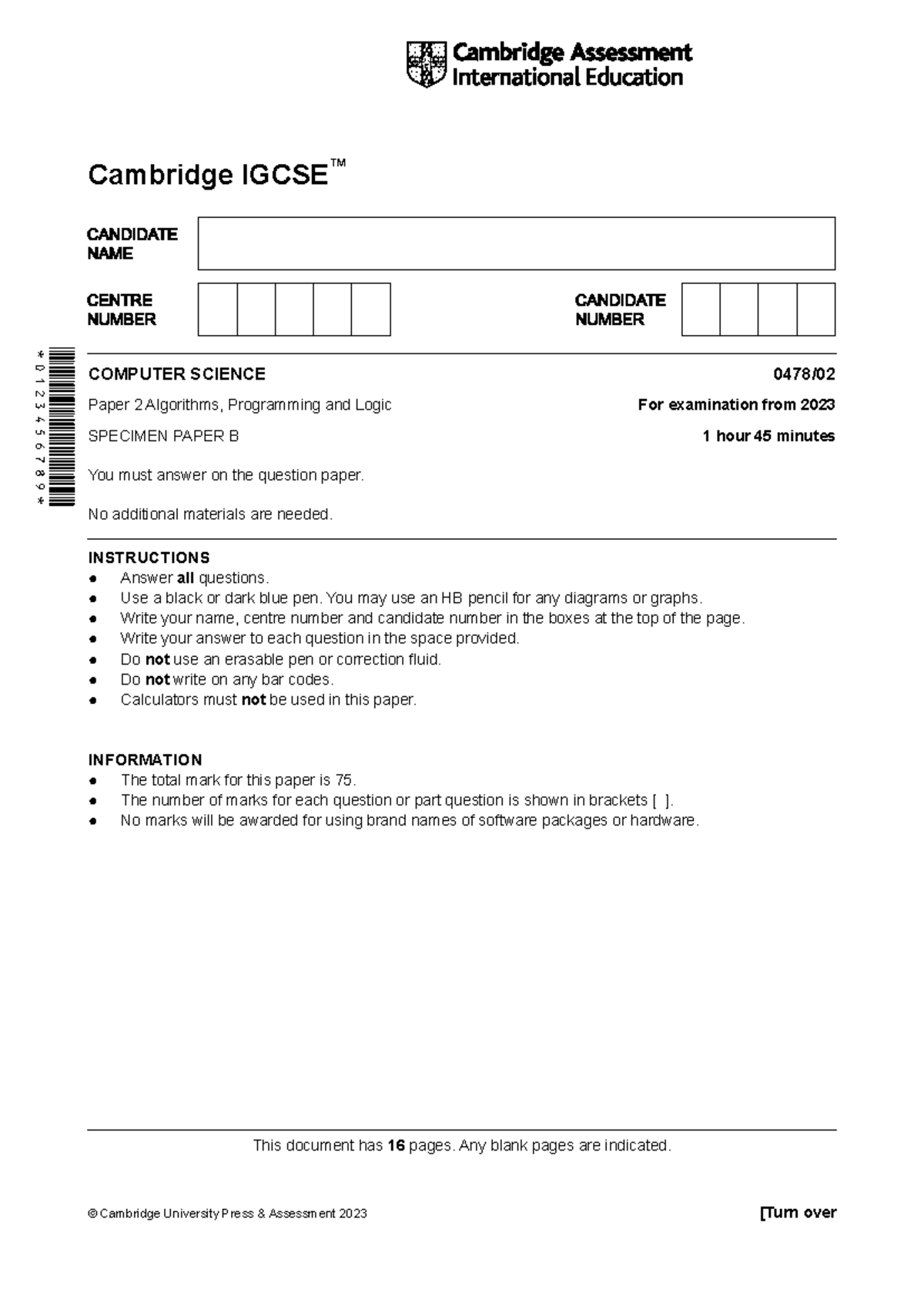 675876-2023-specimen-paper-2b - COMPUTER SCIENCE 0478/ Paper 2 ...