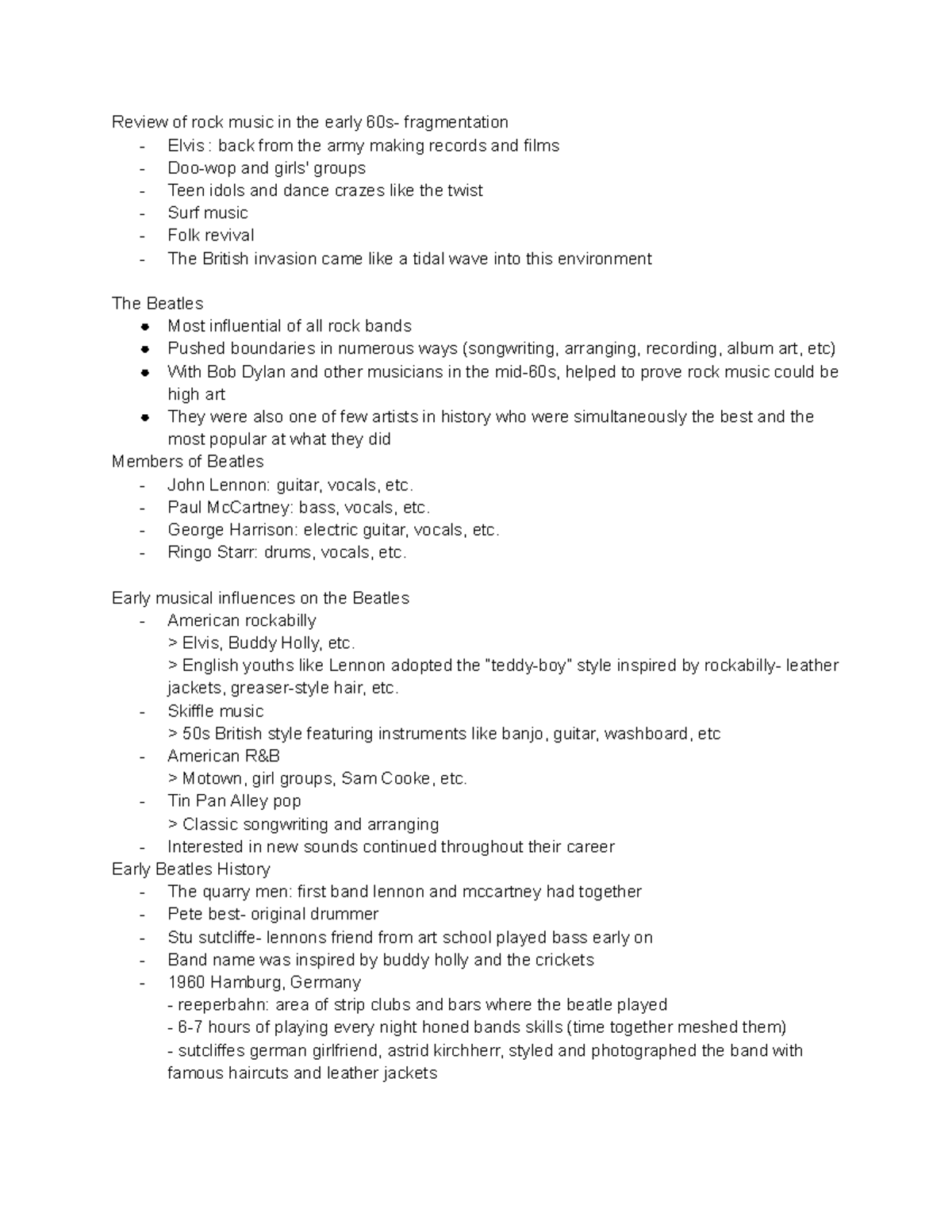 History of rock unit 2 British Invasion notes from Beatles to Pink