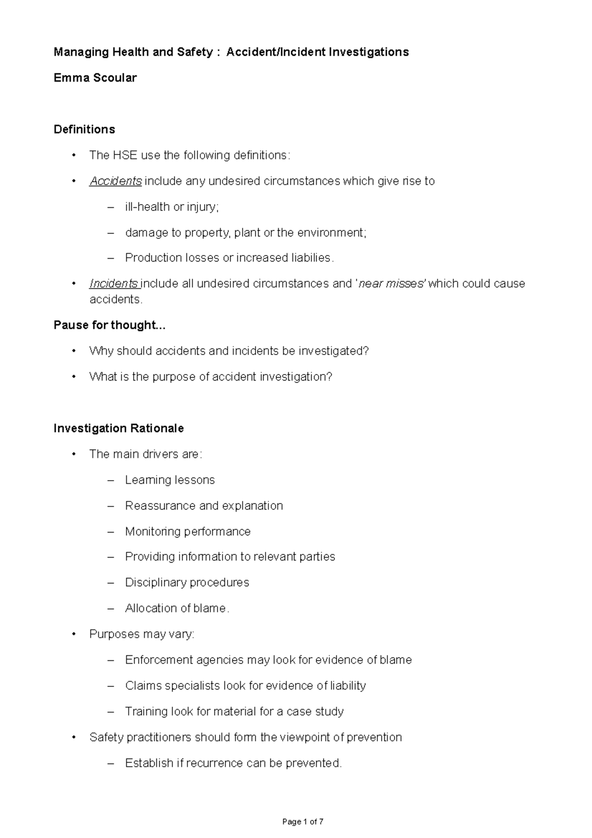 05b- Accident Investigation - student notes (with photo) - Managing ...