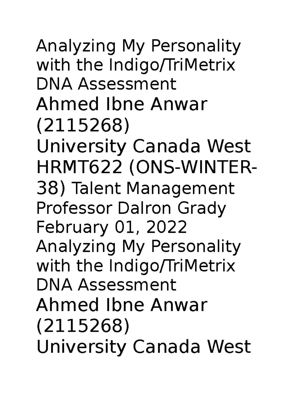 Trimetrix report - aassdasd - Analyzing My Personality with the Indigo ...