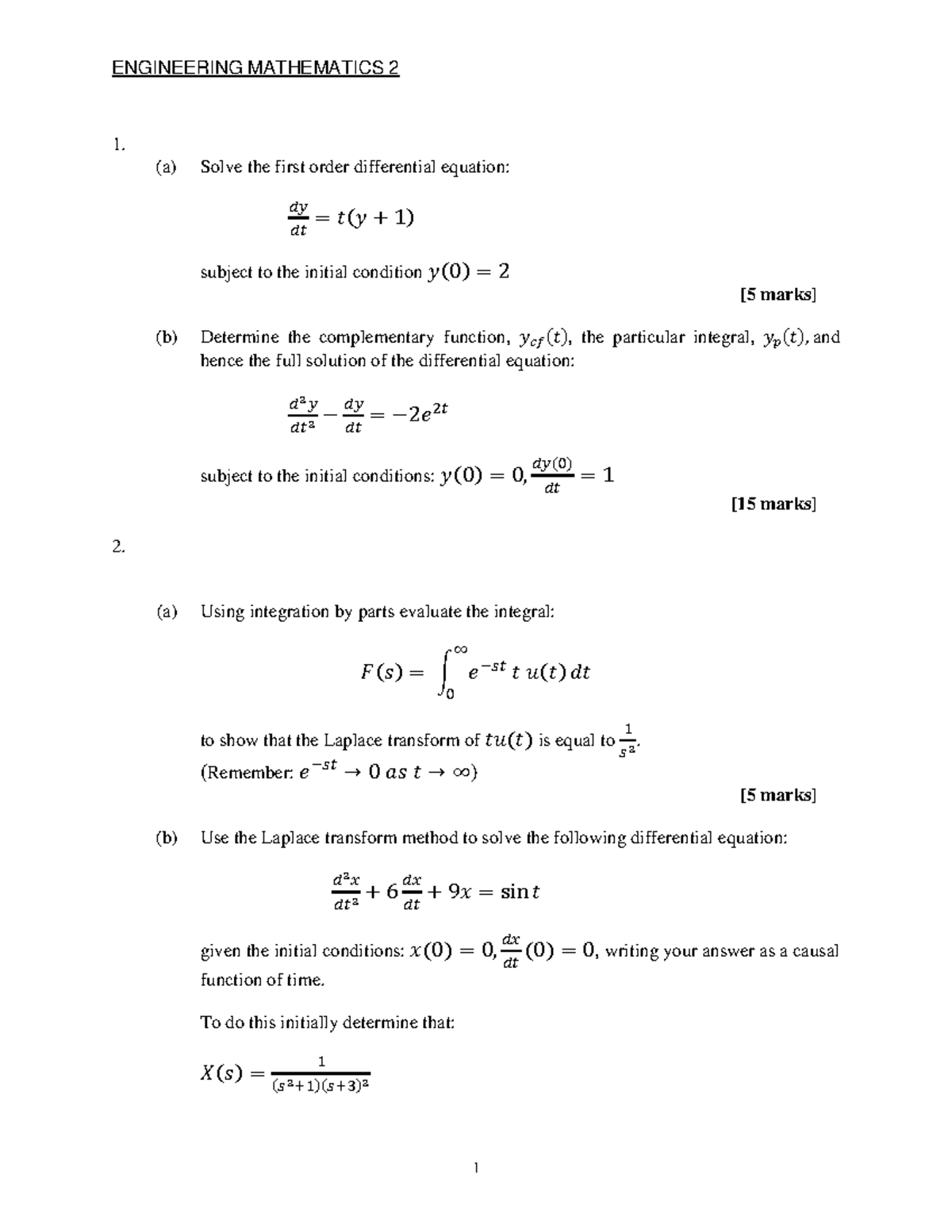 2021 Exam - ENGINEERING MATHEMATICS 2 1 1. (a) Solve the first order ...