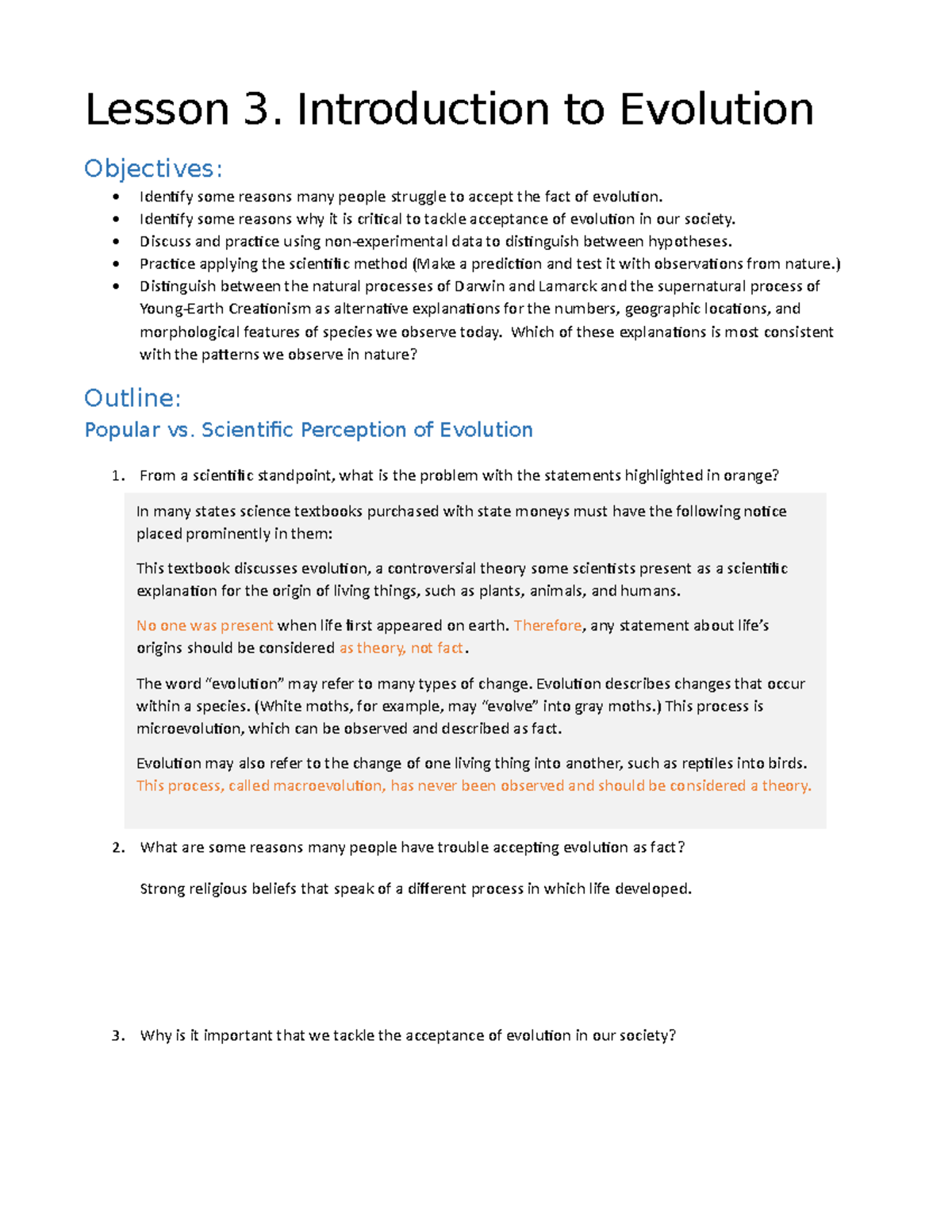 Lesson+3+Outline - Outline - Lesson 3. Introduction to Evolution ...