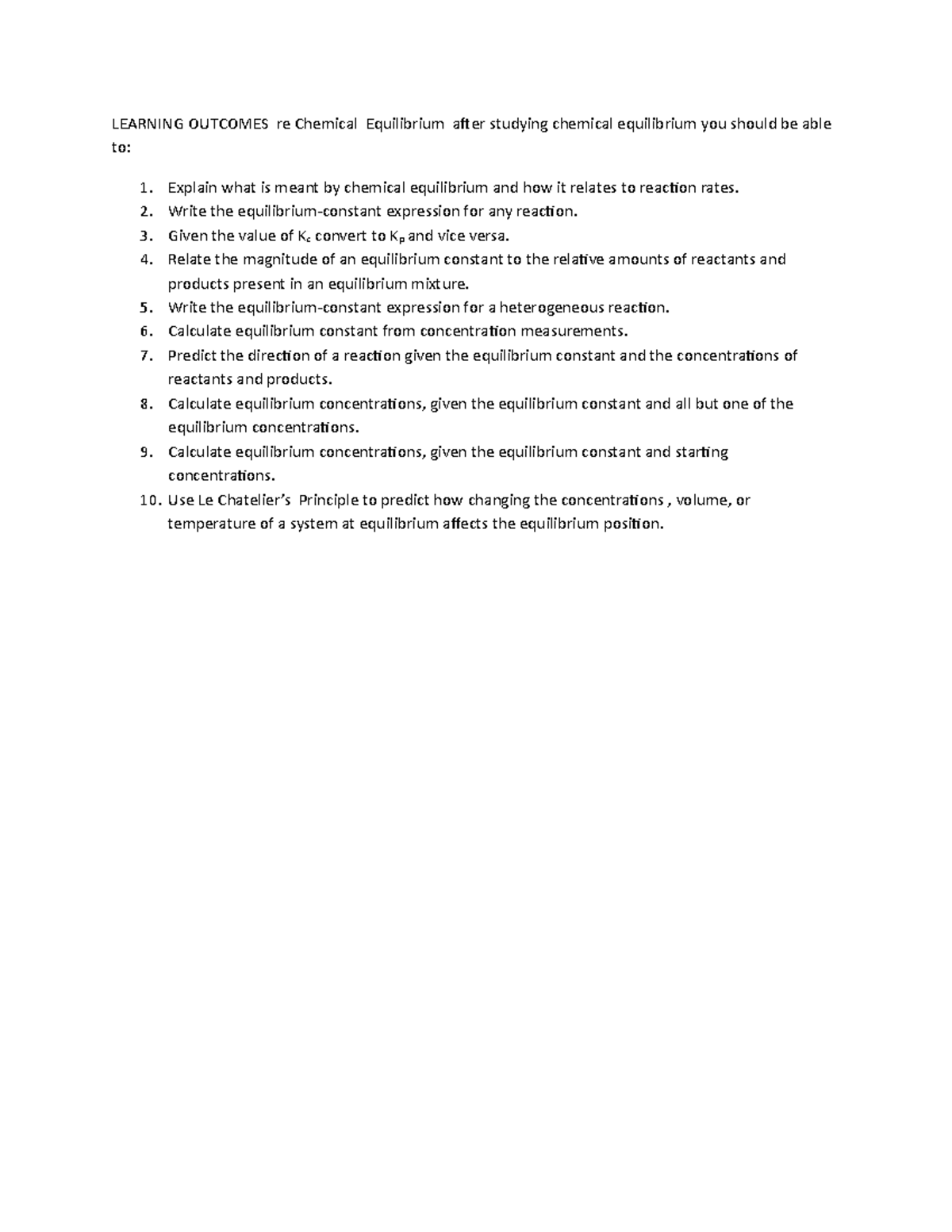 Learning Outcomes re Chemical Equilibrium-1 - LEARNING OUTCOMES re ...