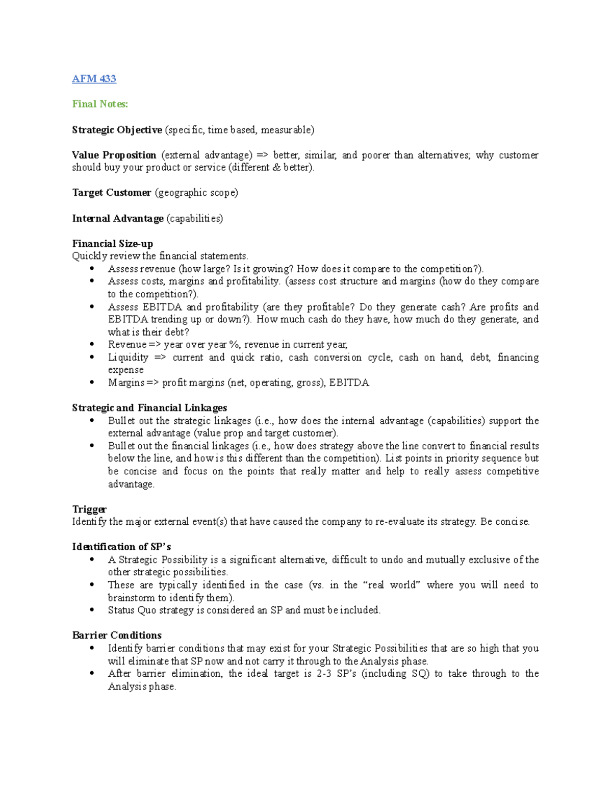 AFM 433 Final Exam template - AFM 433 Final Notes: Strategic Objective ...