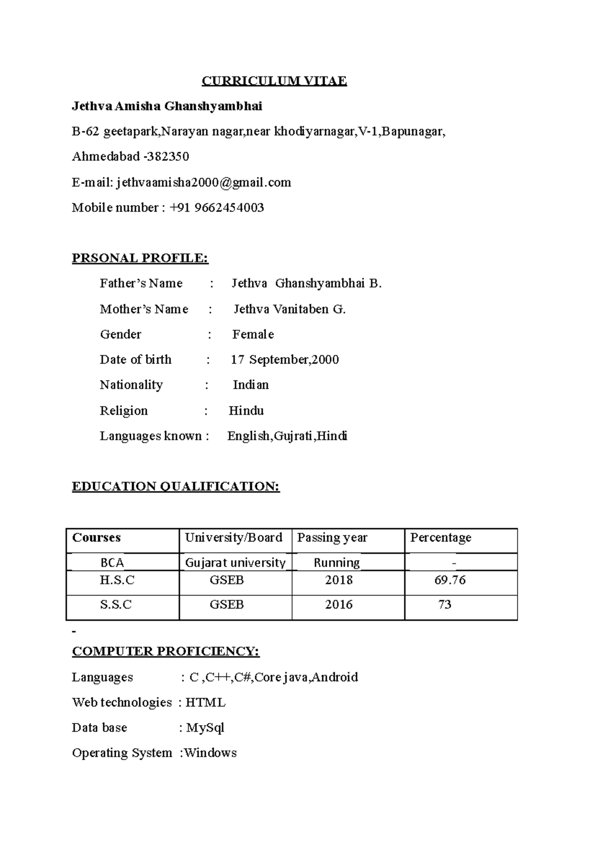 Jethva Amisha Resume - Vbb - CURRICULUM VITAE Jethva Amisha ...