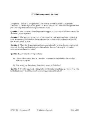 ECON401v7 Assignment 1A - ECON 401 Assignment 1, Version A Assignment 1 ...