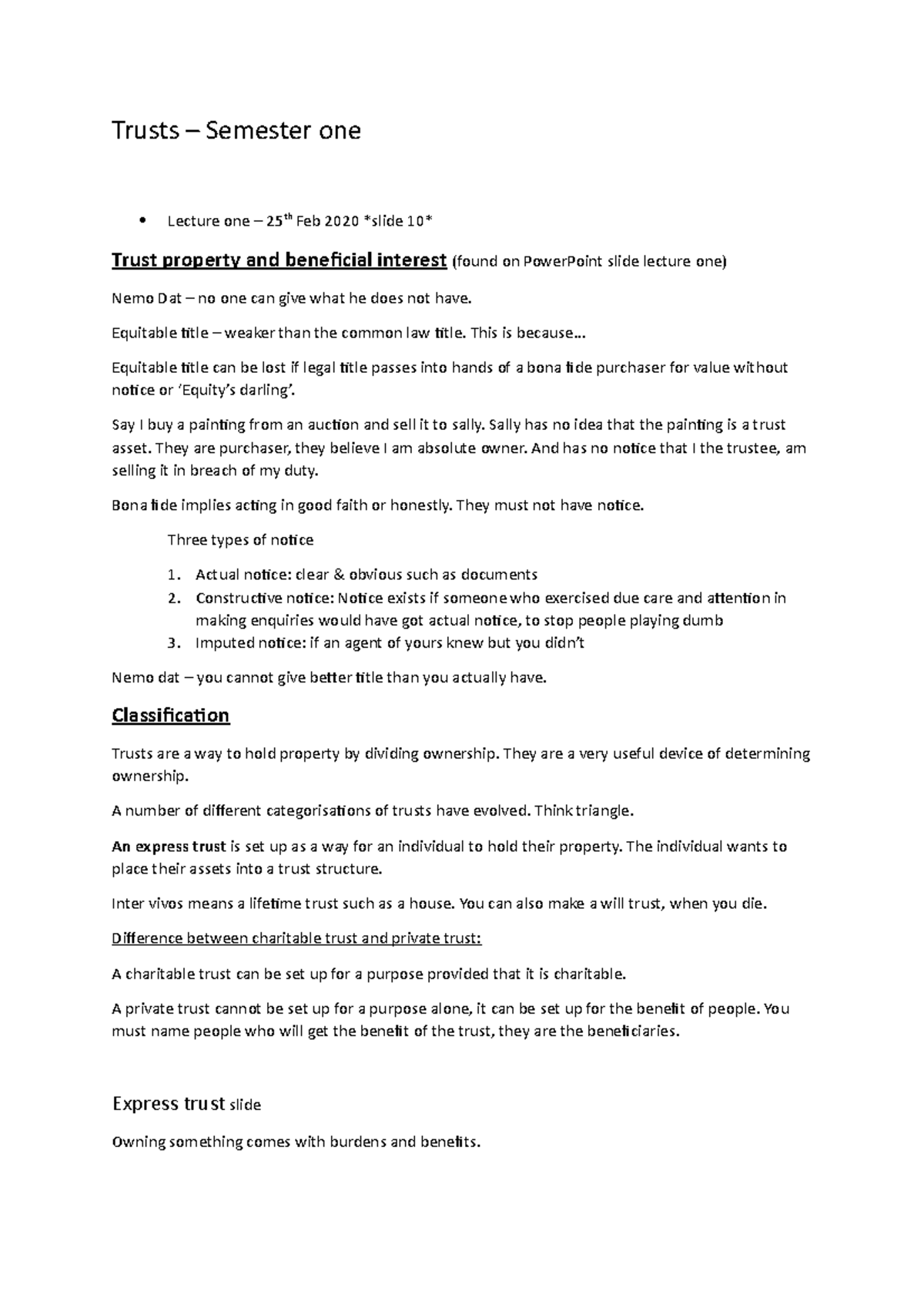 Trusts lecture notes - Trusts – Semester one Lecture one – 25th Feb ...