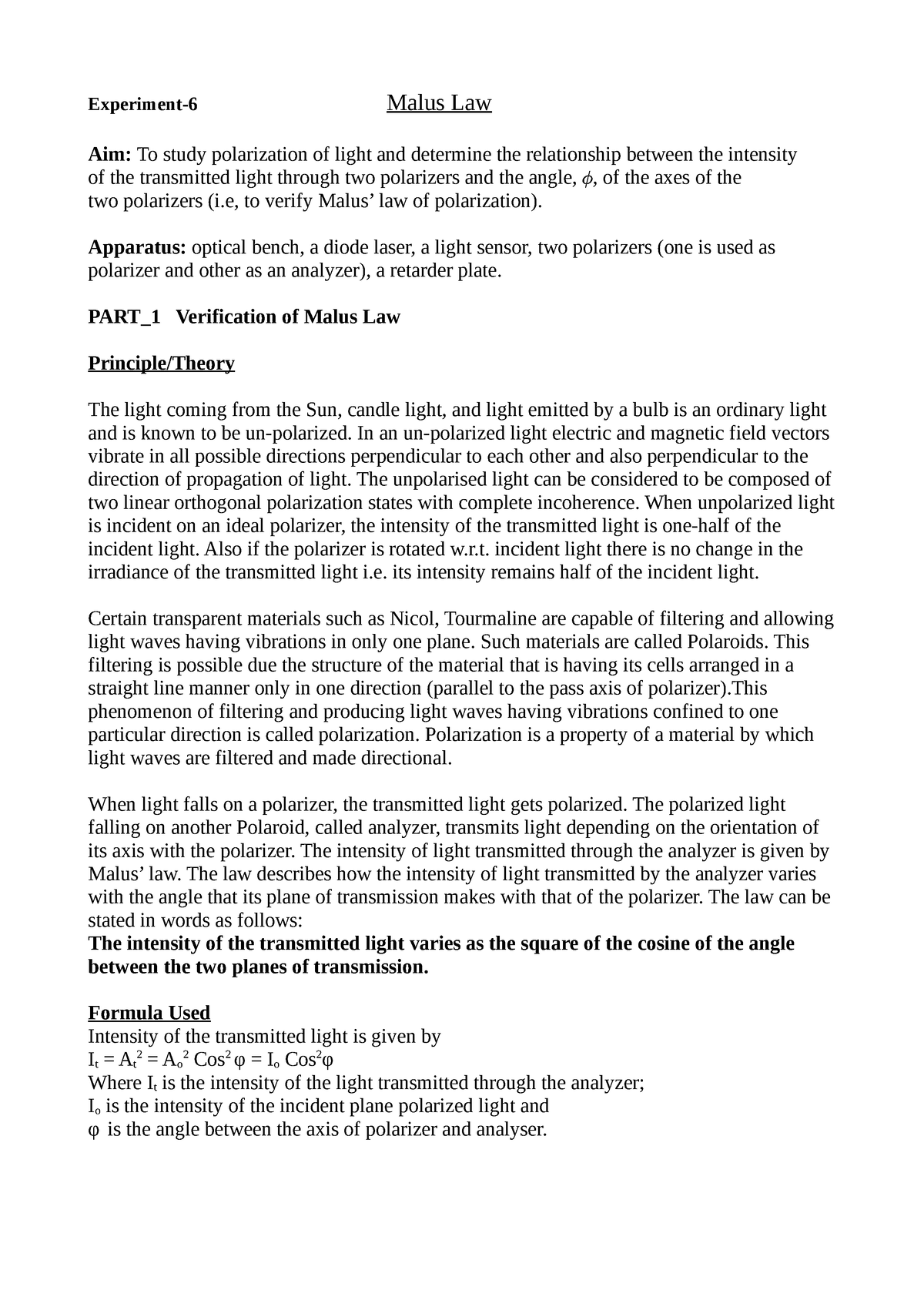 malus' law experiment lab report