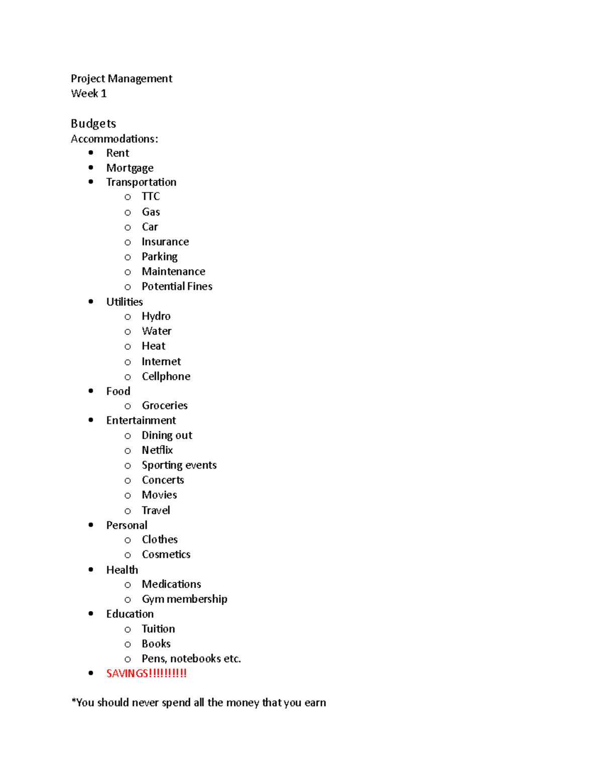 Week 1 - Lecture notes 1 - Project Management Week 1 Budgets ...