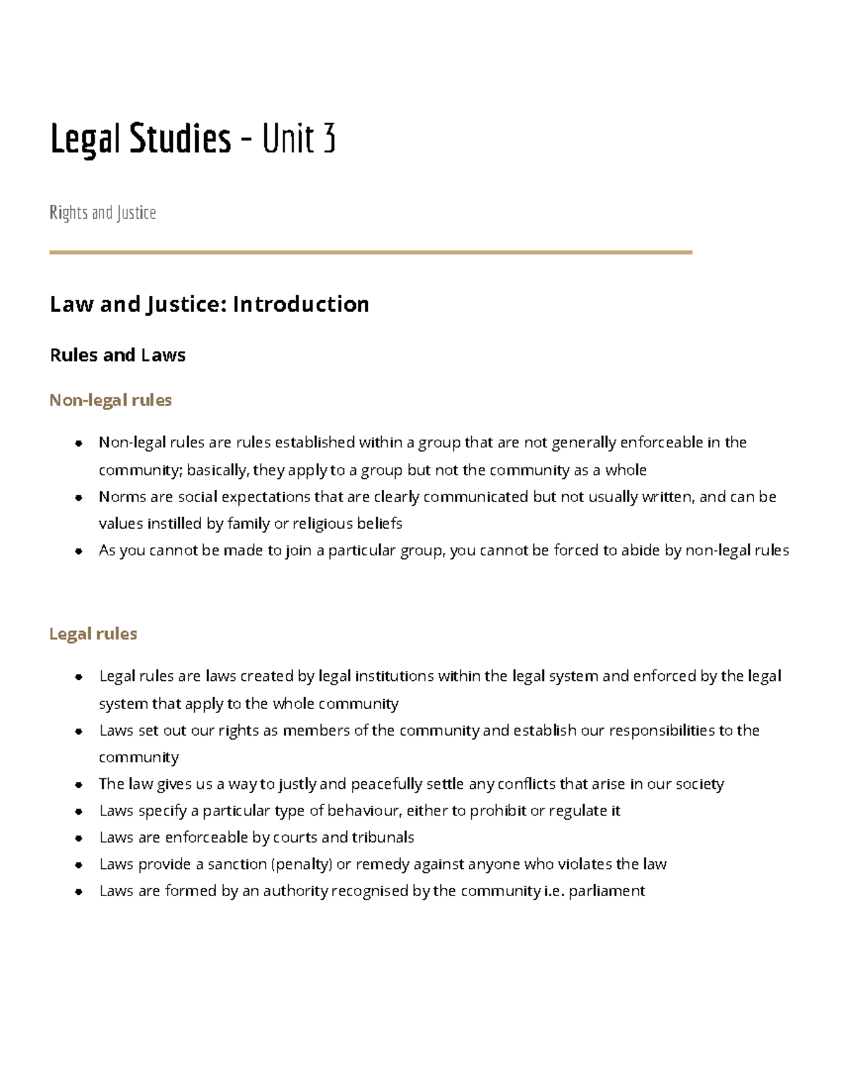 Legal Notes Unit 3 - Legal Studies - Unit 3 Rights and Justice Law and ...