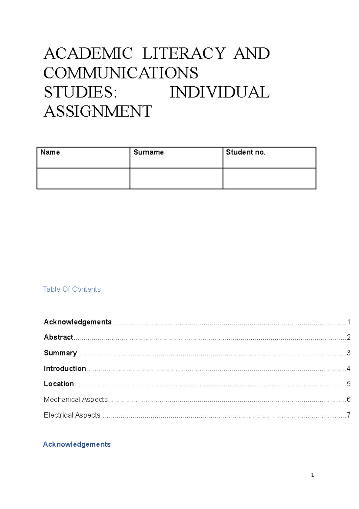 Alc report - ACADEMIC LITERACY AND COMMUNICATIONS STUDIES: INDIVIDUAL ...
