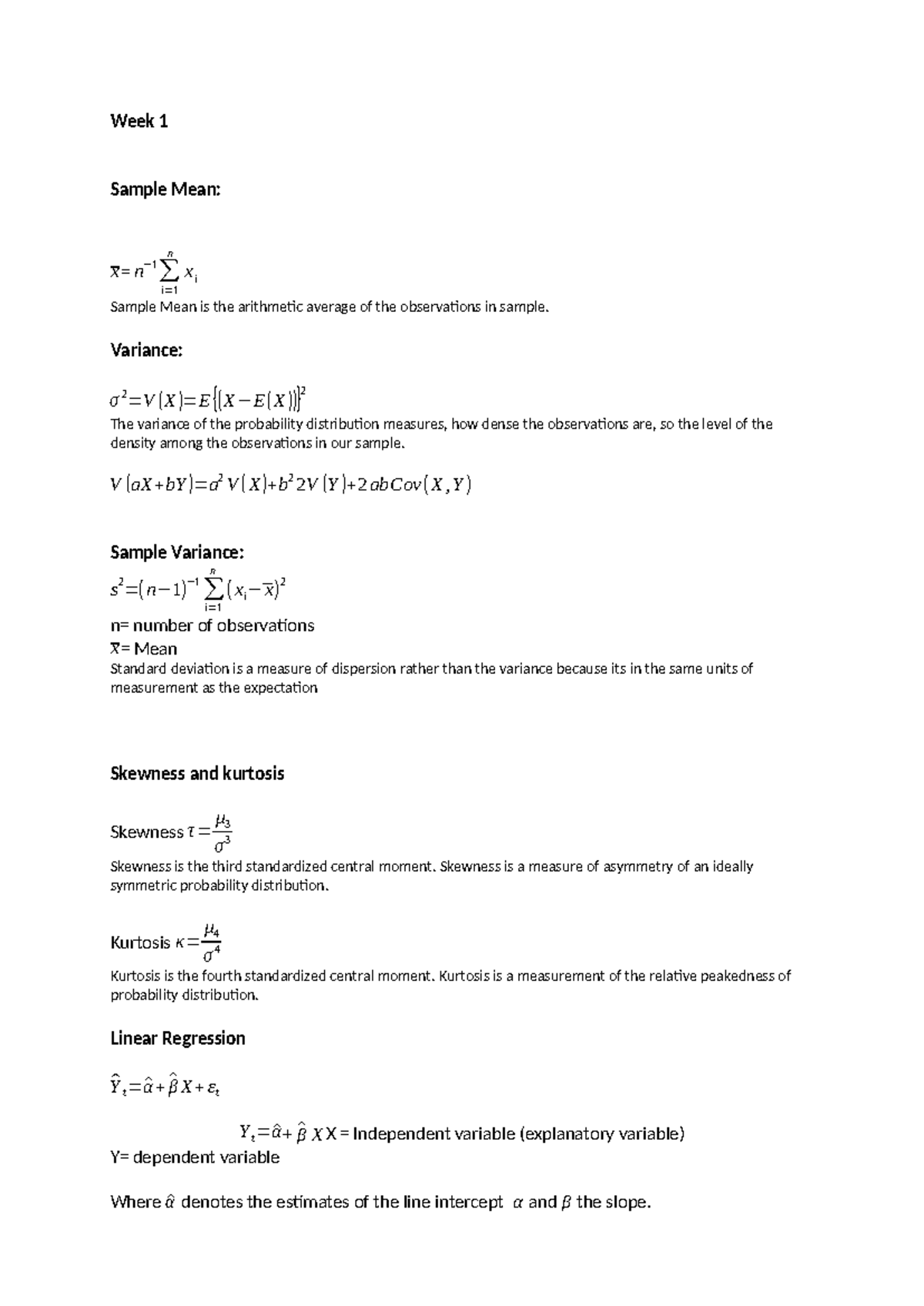 Formula Quantitative - Week 1 Sample Mean: x= n − 1 ∑ i= 1 n xi Sample ...