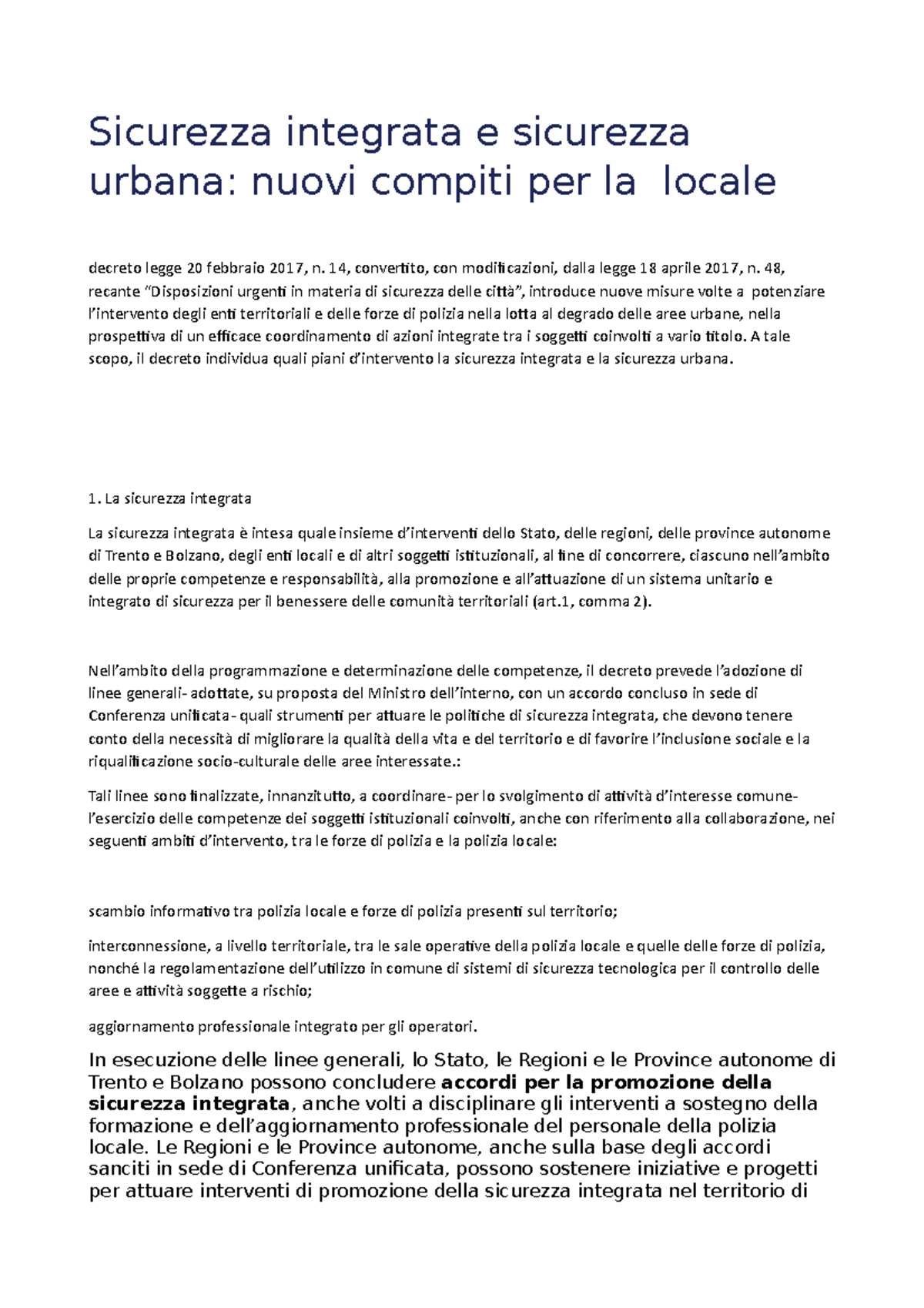 Sicurezza integrata e sicurezza urbana. nuovi compiti per la locale ...
