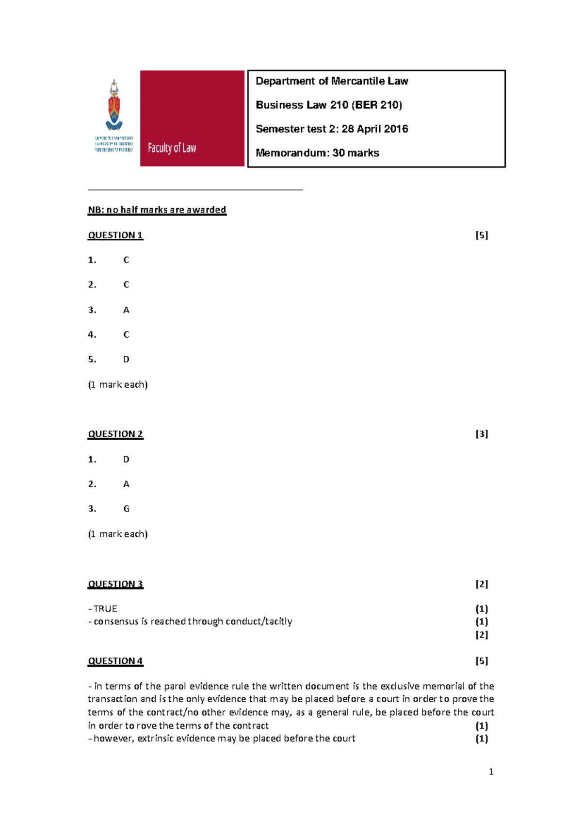 Test 2 2016, Questions And Answers - Department Of Mercantile Law ...