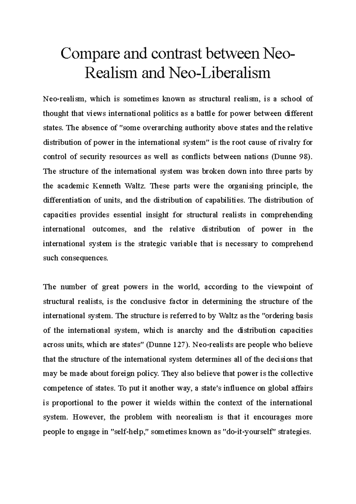 Compare and contrast between NeoRealism and NeoLiberalism Compare
