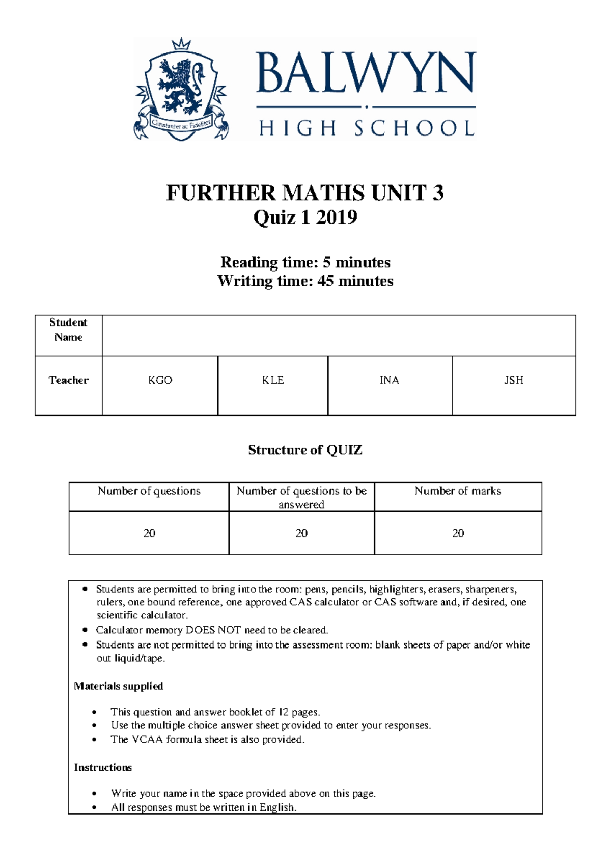 Further Maths Quiz 1 - Good Practice - FURTHER MATHS UNIT 3 Quiz 1 2019 ...