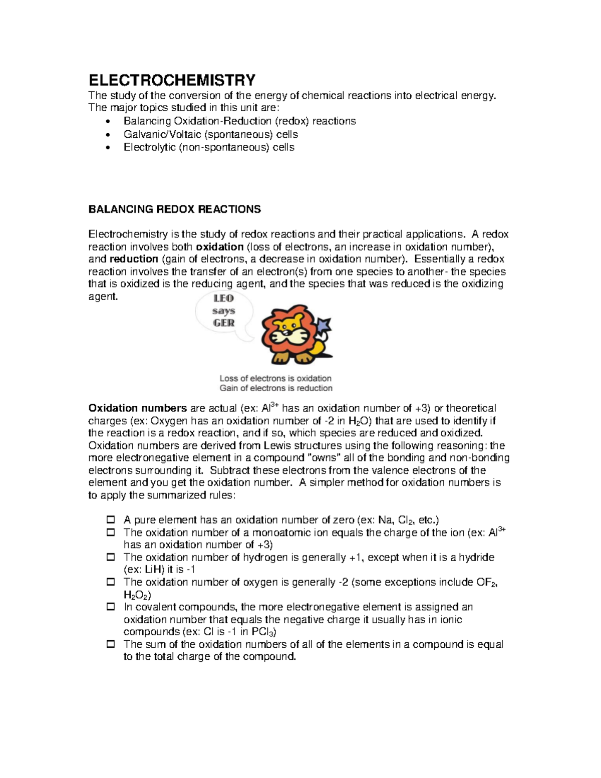 Electrochemistry note ELECTROCHEMISTRY The study of the conversion of