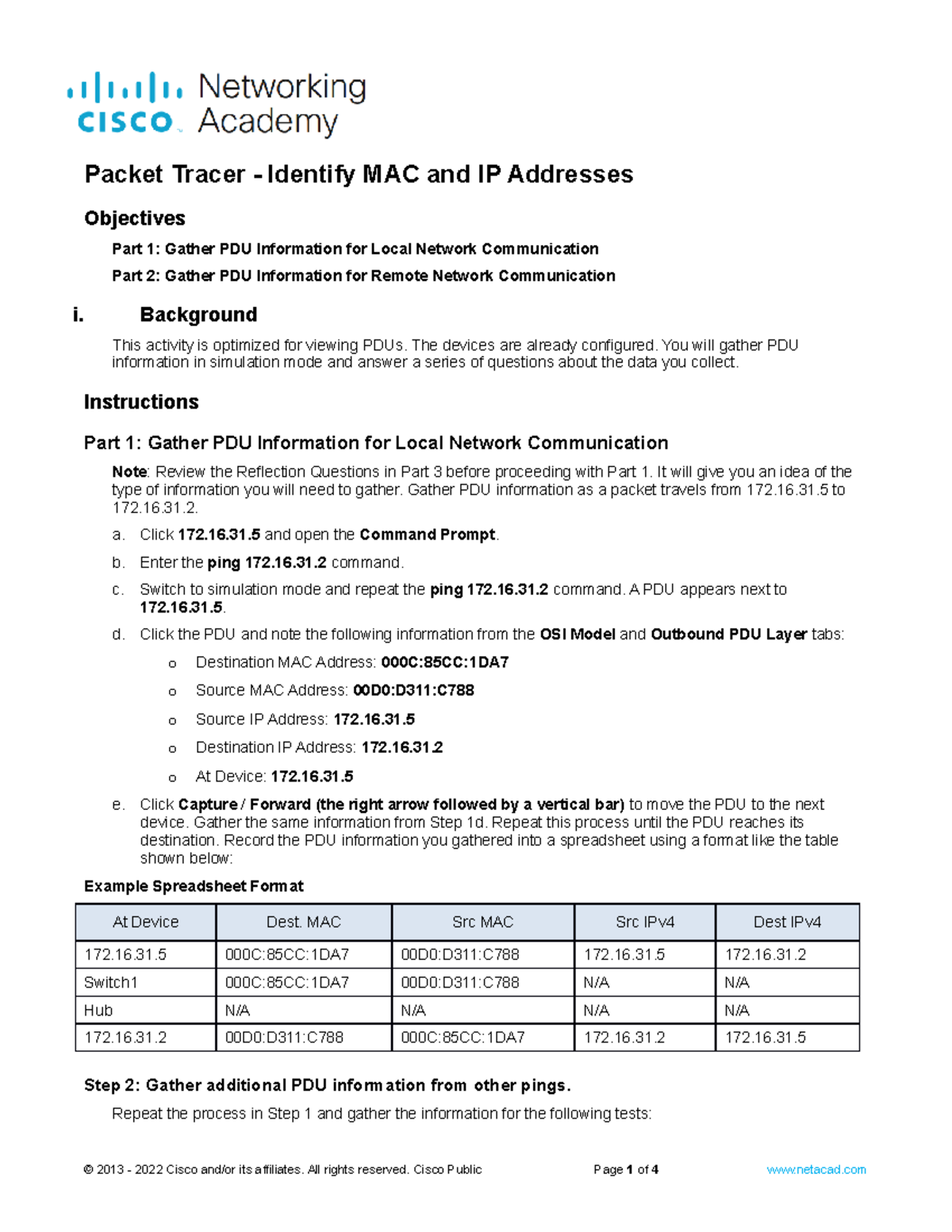 9.1.3 packet tracer - identify mac and ip addresses