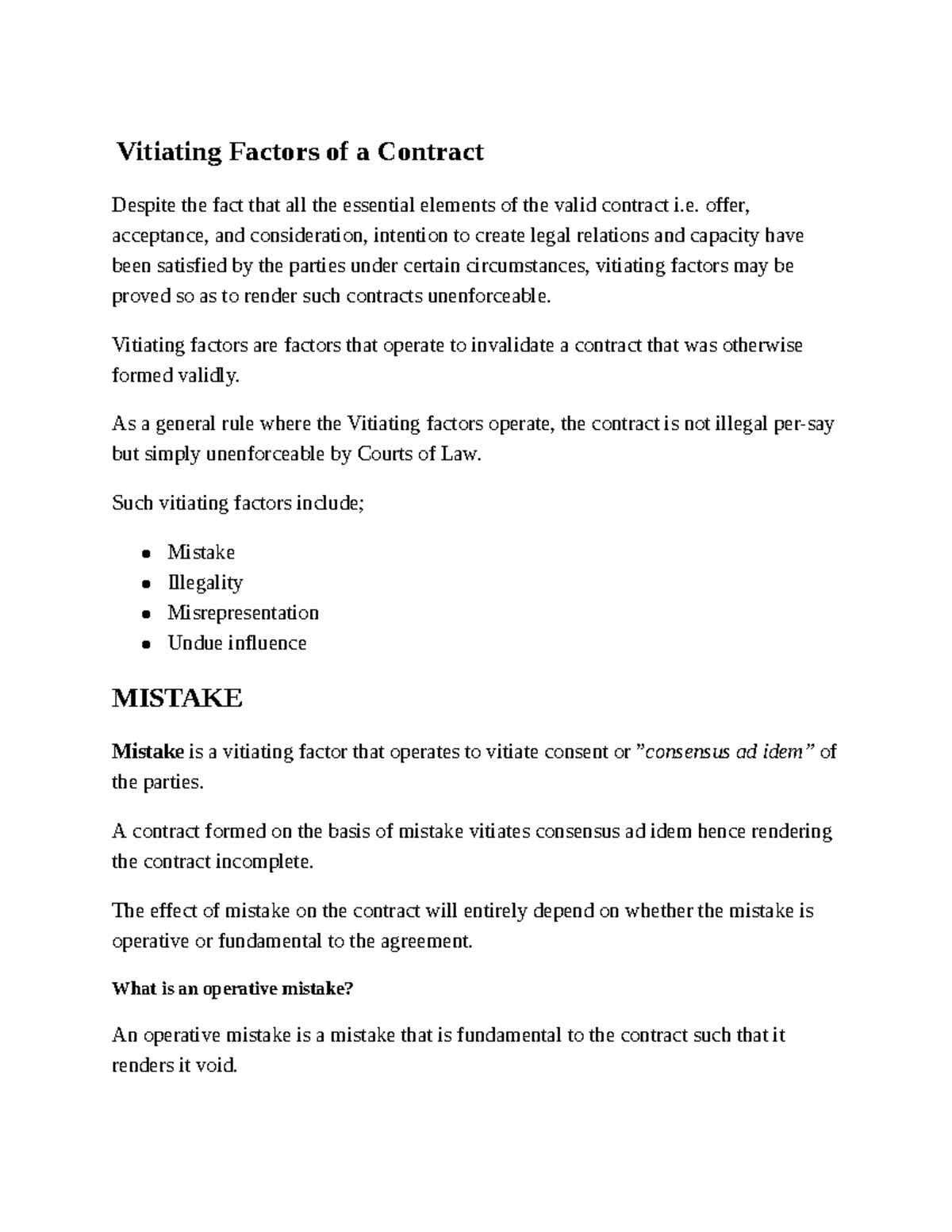 Vitiating Factors of a Contract - Vitiating Factors of a Contract ...
