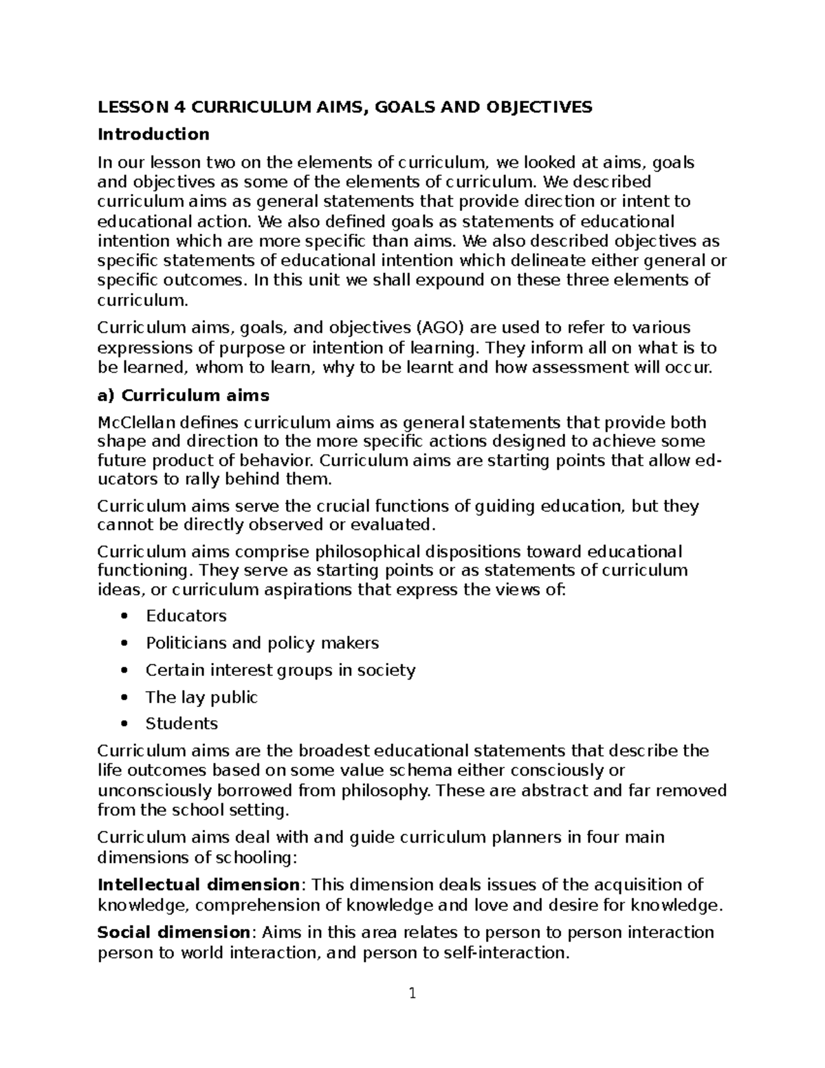 Lesson 4 Curriculum AIMS, Goals AND Objectives LESSON 4 CURRICULUM AIMS, GOALS AND OBJECTIVES