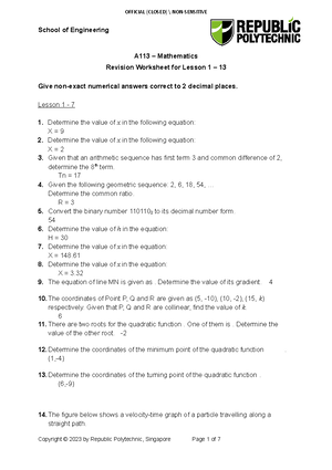 A113 MSA Revision Worksheet AY1819 Sem 1 - A113 Mid-Semester Assessment ...