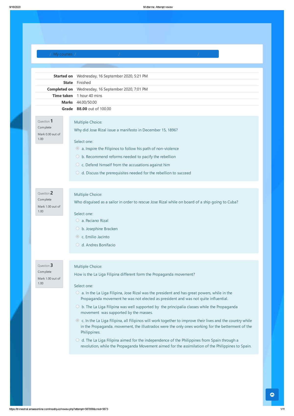 Midterm Exam Life and Works of Rizal 44over50 - Home/ My courses / UGRD ...