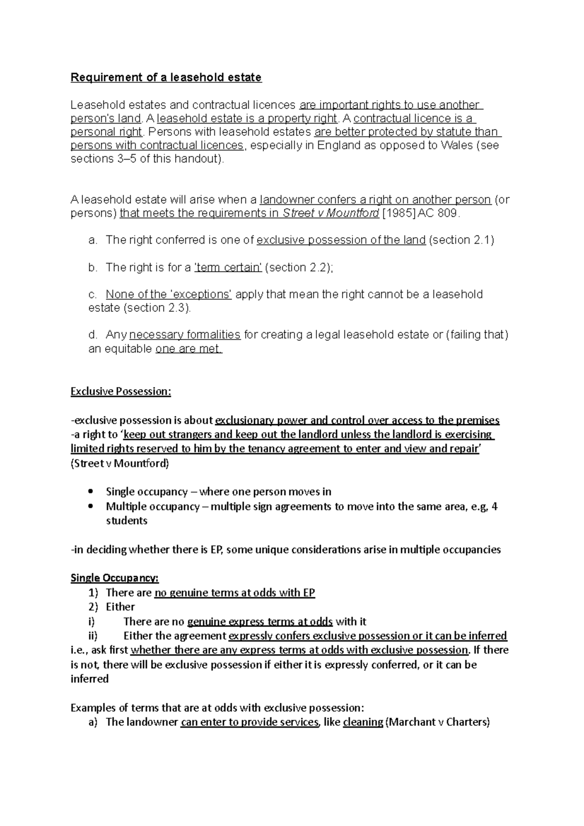 Landlord and tenant lecture 1 - Requirement of a leasehold estate ...