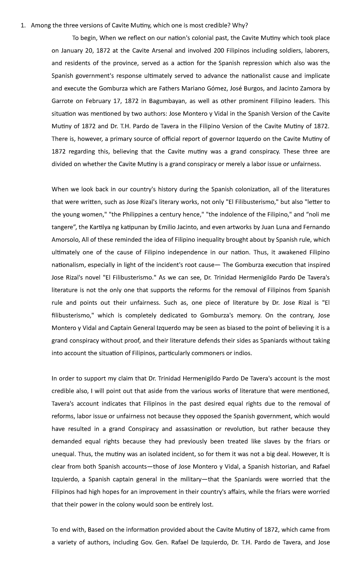 Position Paper in Cavite Mutiny Among the three versions of Cavite