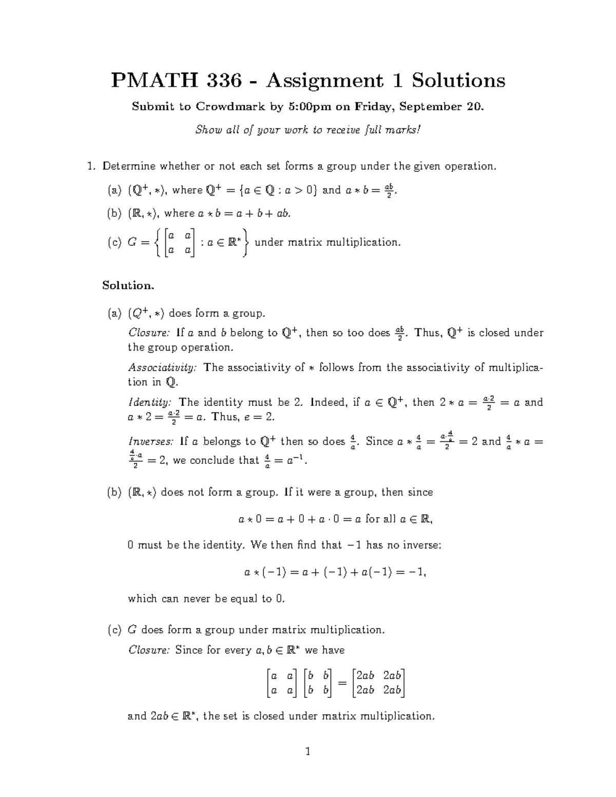 Pmath 336 A1 Solutions - PMATH 336 - Assignment 1 Solutions Submit to ...