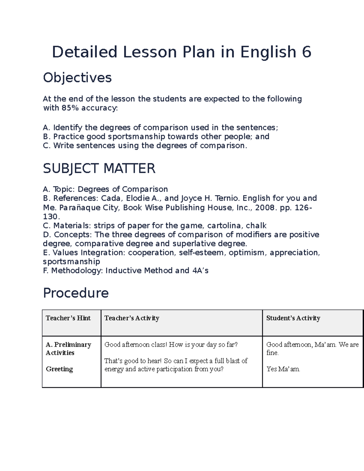 Detailed Lesson Plan in English 6 - Identify the degrees of comparison ...