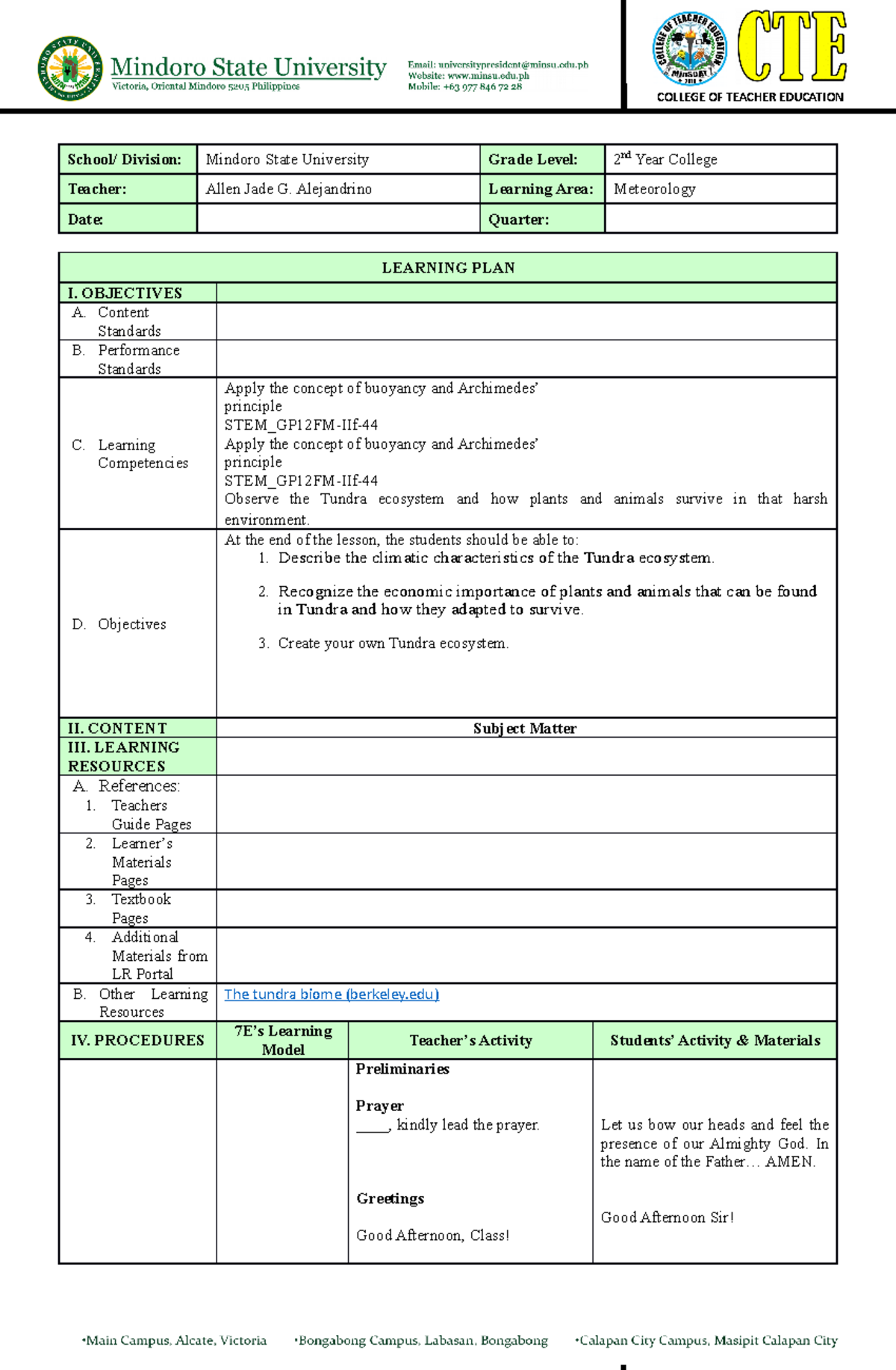 Lesson-Plan-Tundra - Task - School/ Division: Mindoro State University ...