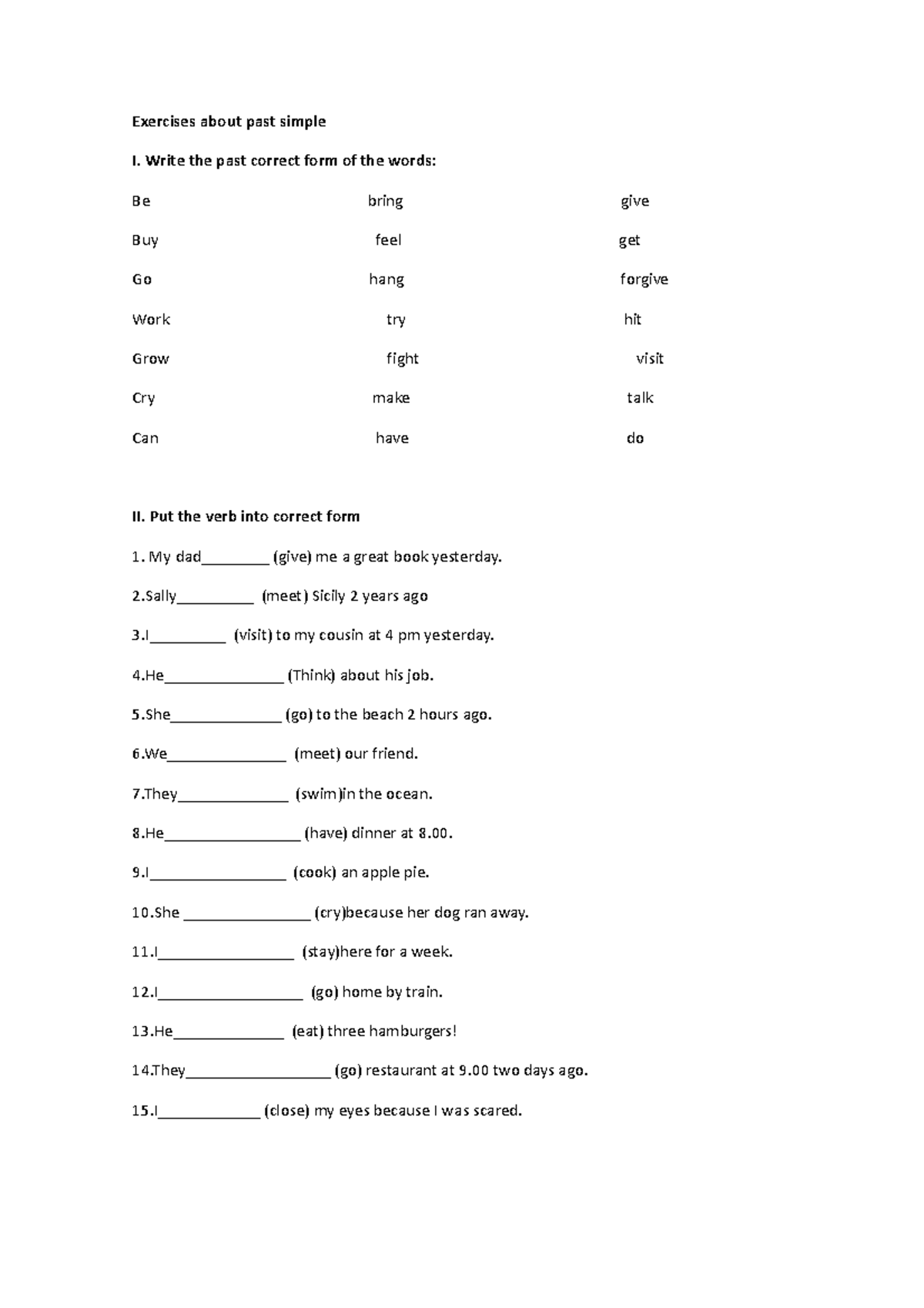 Exercícios sobre o past simple II - Exercises about past simple I ...