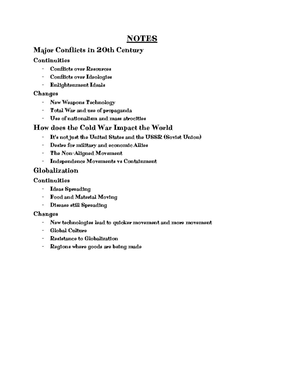 Notes - NOTES Major Conflicts in 20th Century Continuities - Conflicts ...