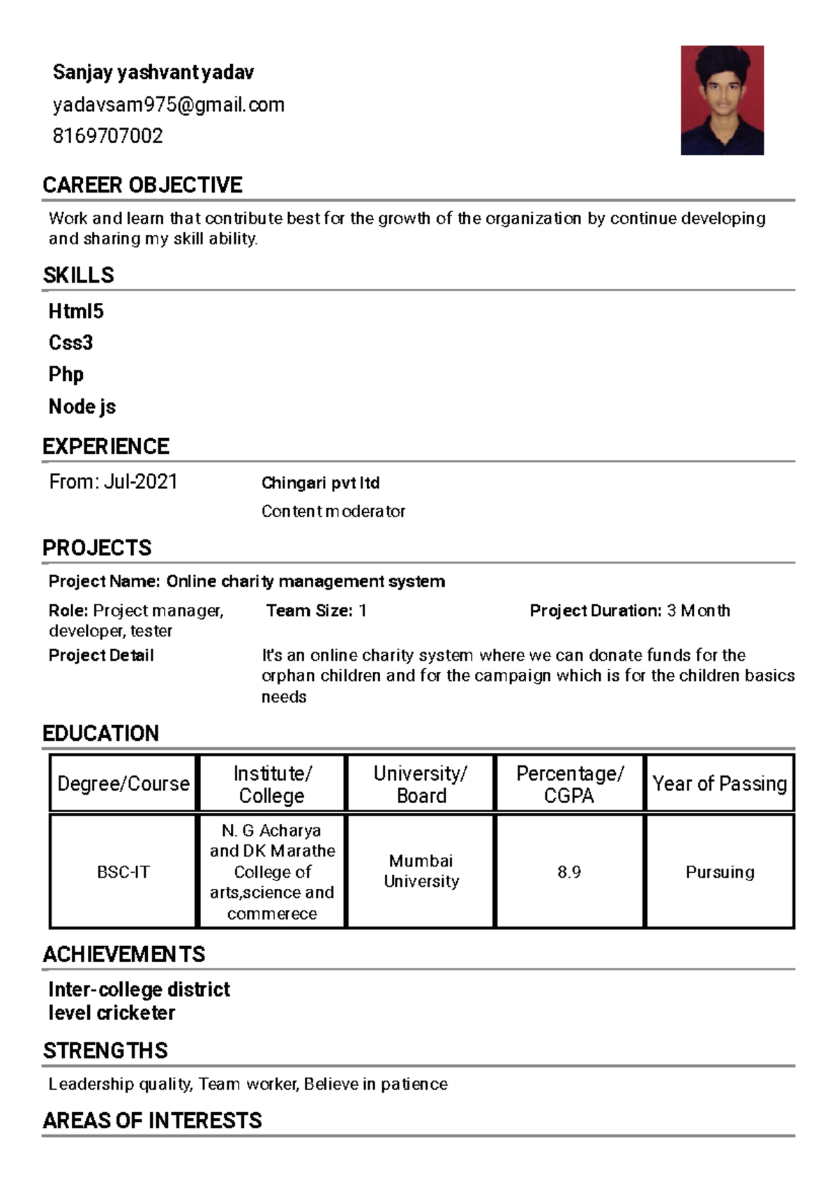 Resume Sanjay resume Format 1 - Sanjay yashvant yadav yadavsam975@gmail ...