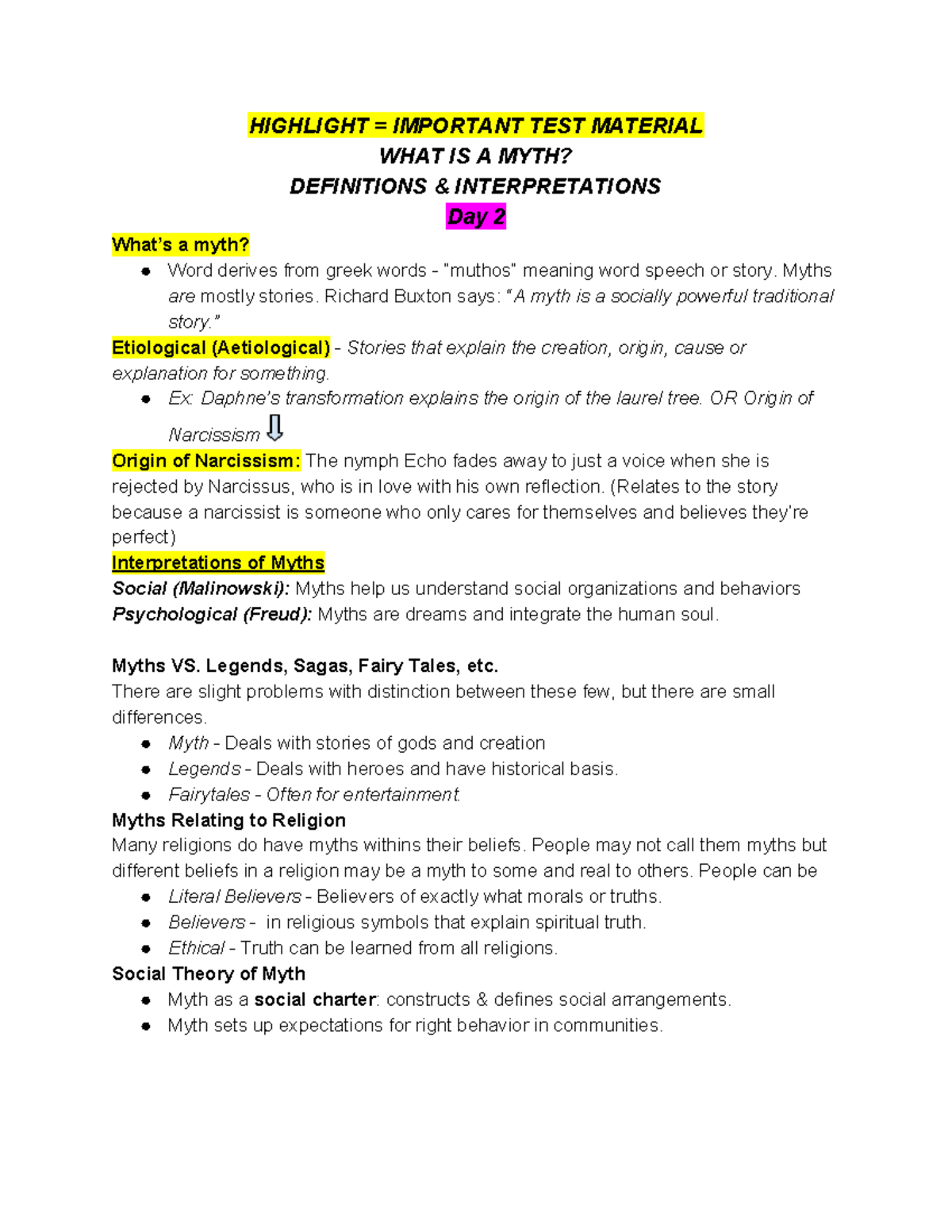 Important Test Material: Myth Definitions and Interpretations - Studocu