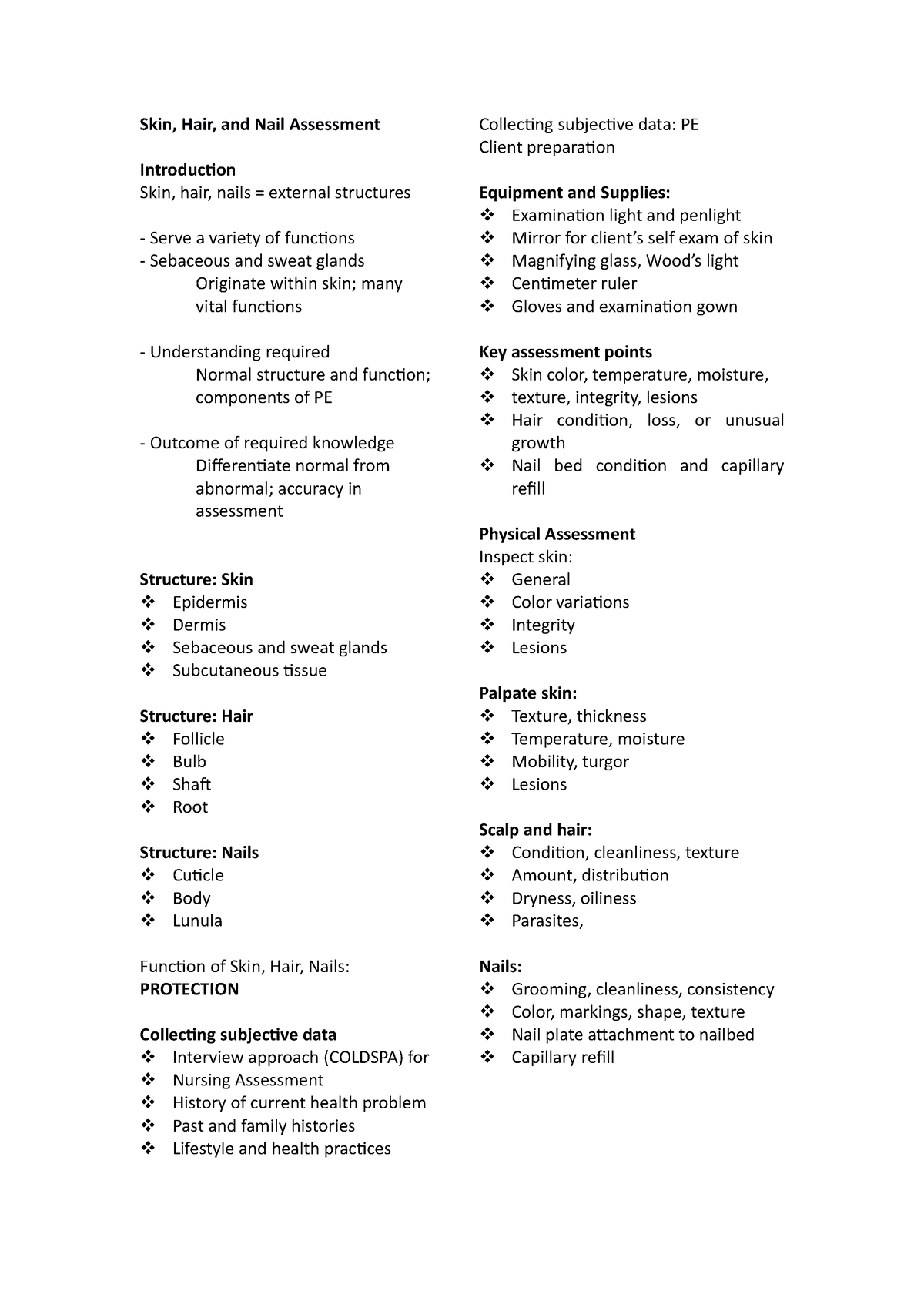 Skin Hair Nails Assessment Notes Skin Hair And Nail Assessment